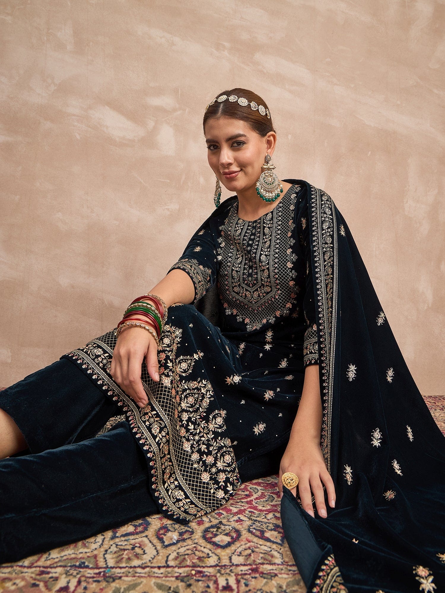 Velvet Kurta Set , Paired With Trousers, And A Printed Velvet Dupatta
