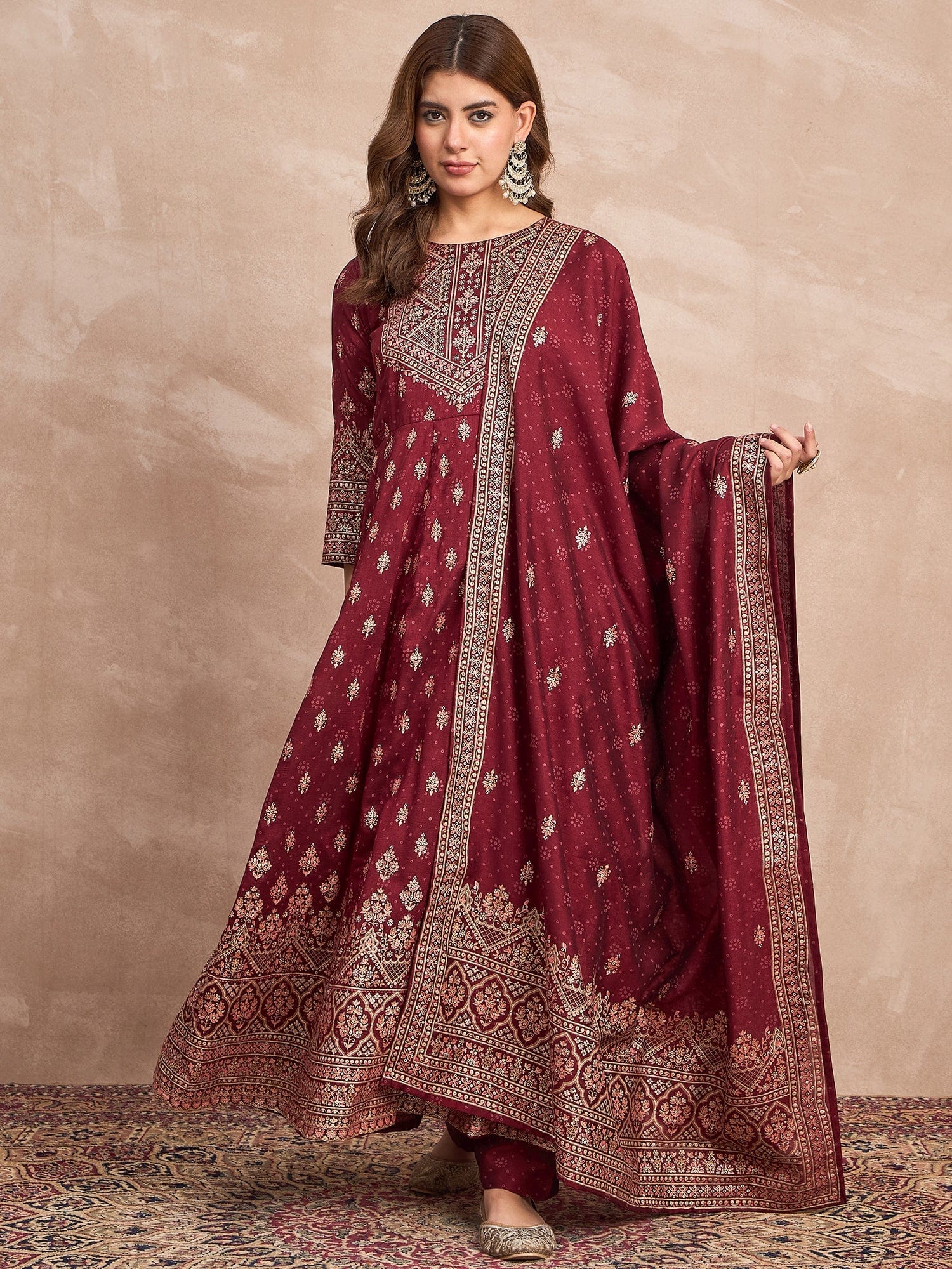 Red Anarkali Kurta Paired With Trousers And Printed Dupatta