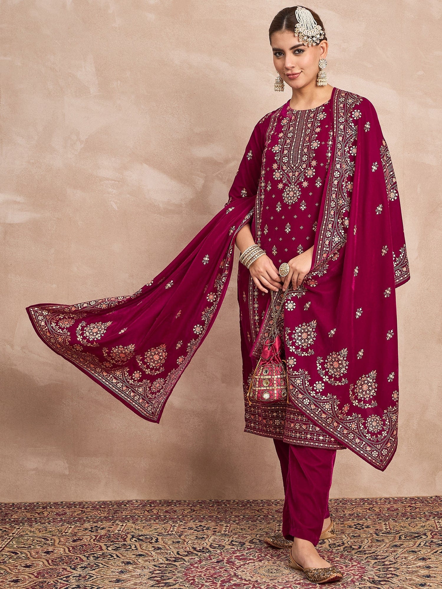 Velvet Kurta Set , Paired With Trousers, And A Printed Velvet Dupatta