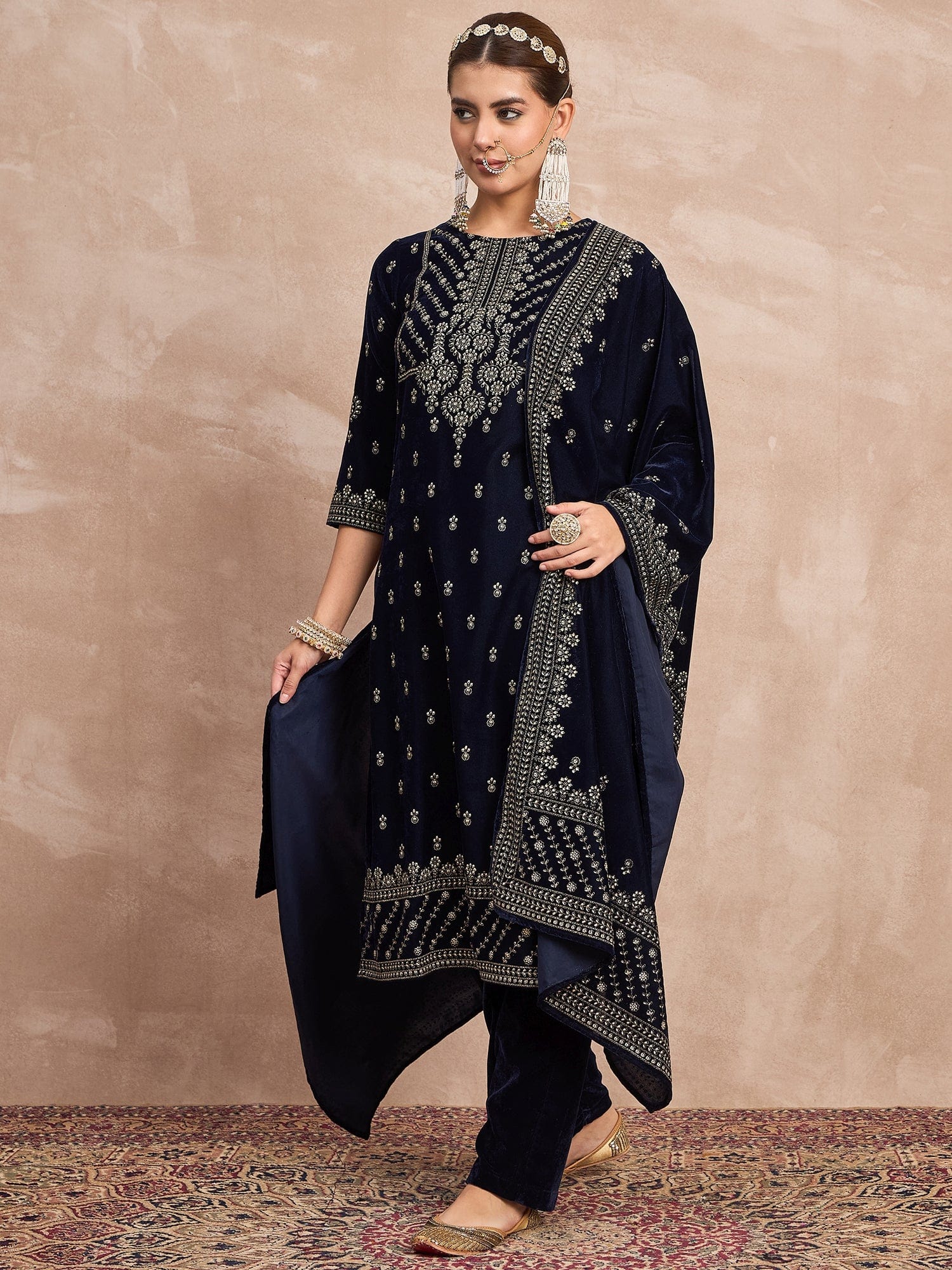 Velvet Kurta Set , Paired With Trousers, And A Printed Velvet Dupatta
