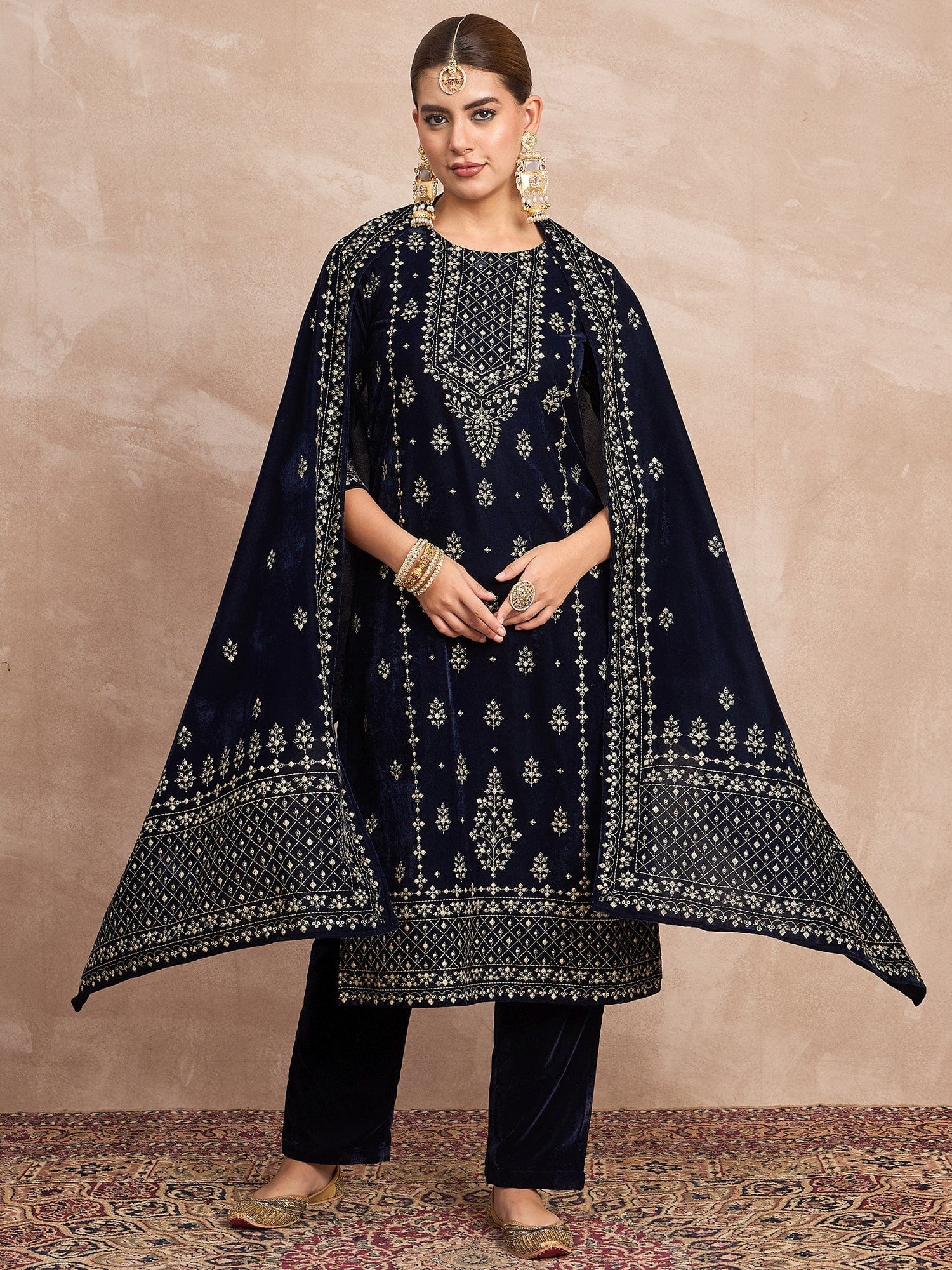 Velvet Kurta Set , Paired With Trousers, And A Printed Velvet Dupatta