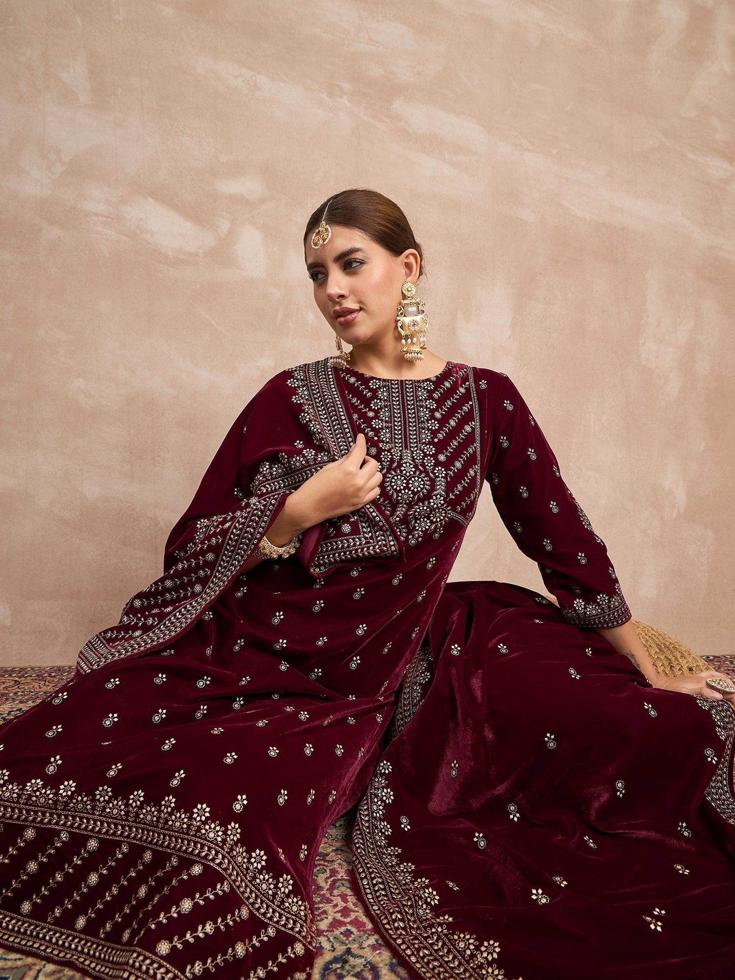 Velvet Kurta Set , Paired With Trousers, And A Printed Velvet Dupatta