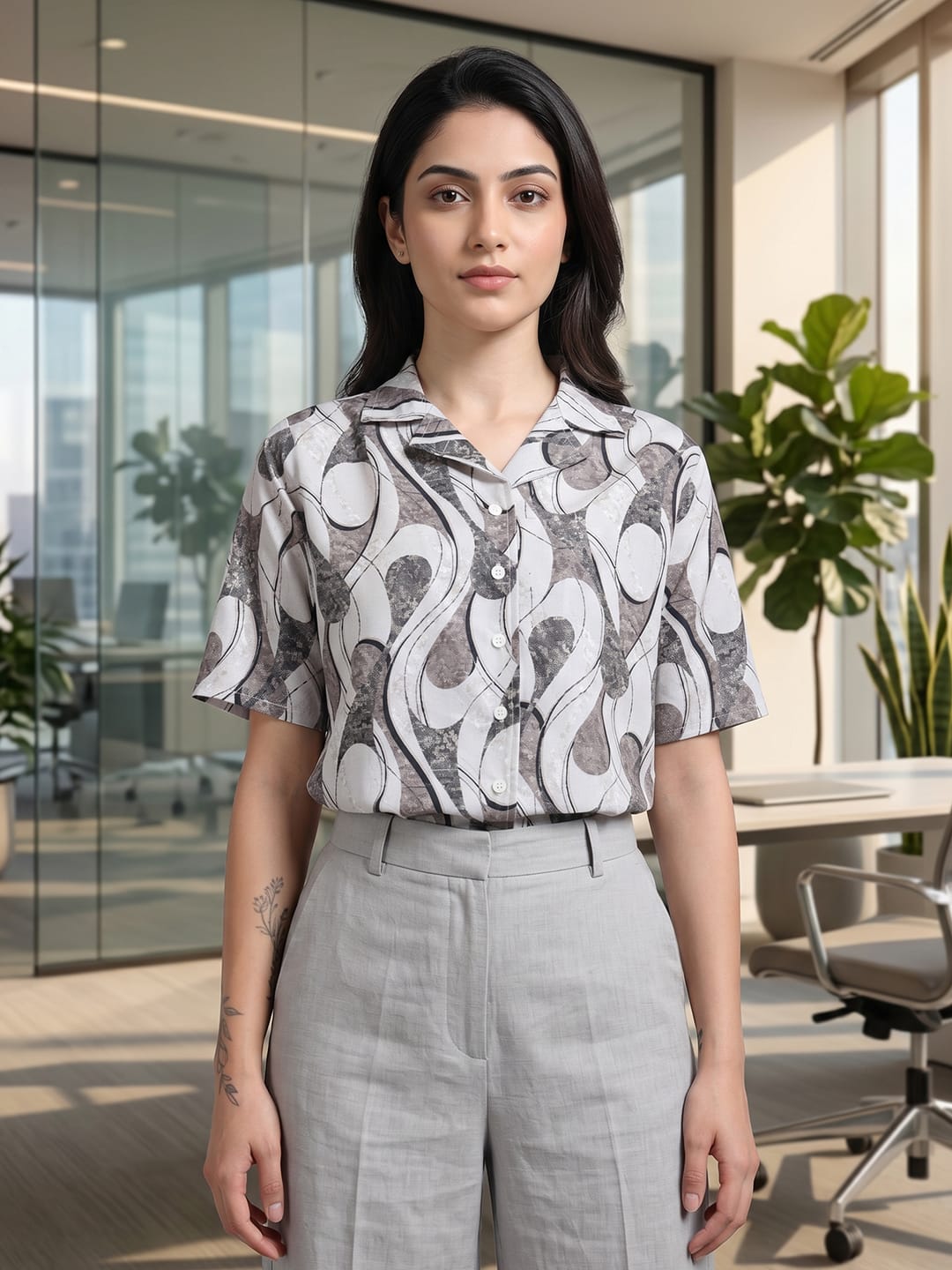 Grey Coloured Short Sleeves Shirt Collar Top
