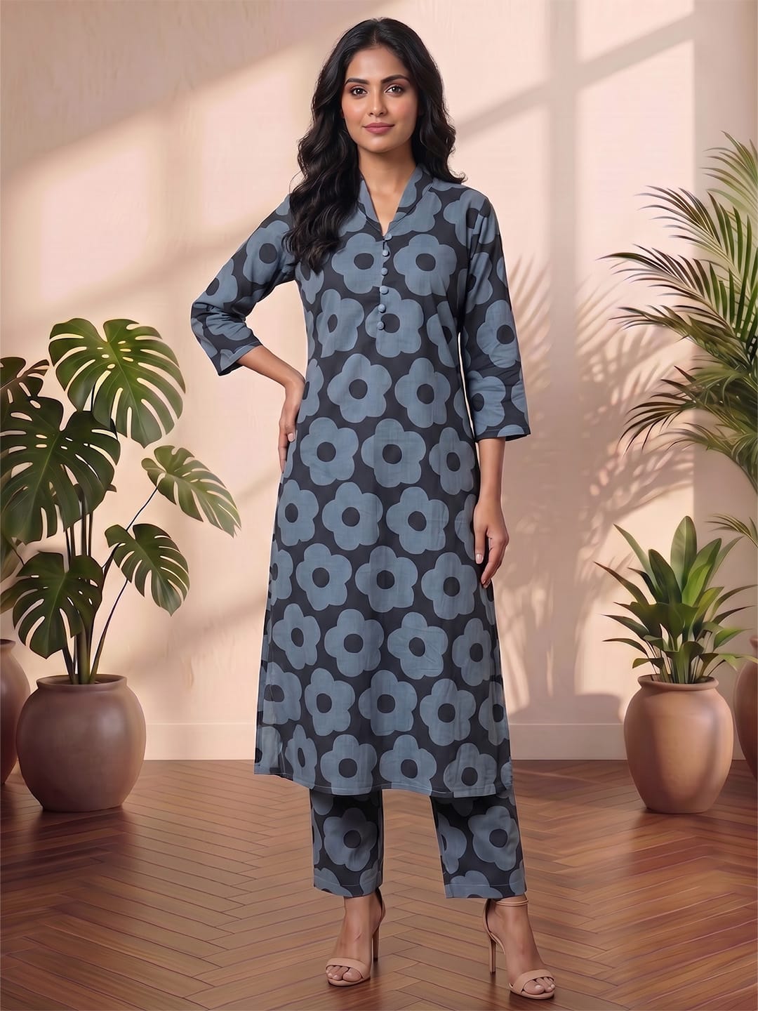 Bold Floral Prints Meet Effortless Comfort In This Chic Midnight Blue Kurta Set