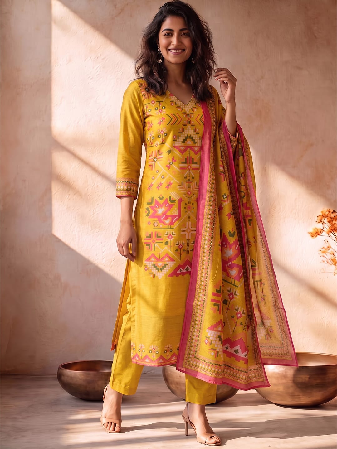 Mustard Kurta Set Featuring Artistic Prints And A Statement Dupatta