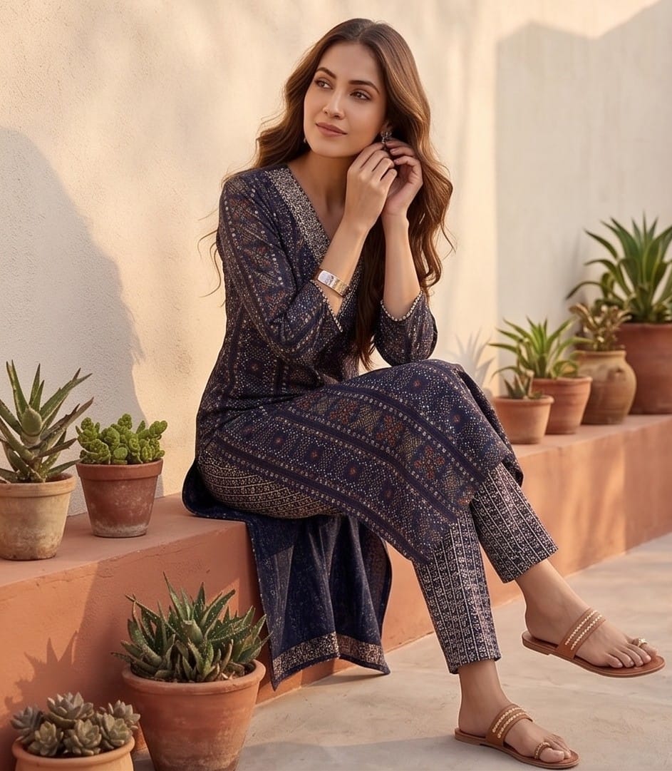 The Kurti Collection Women Blue Printed Embroidered Kurta With Bottom And Dupatta