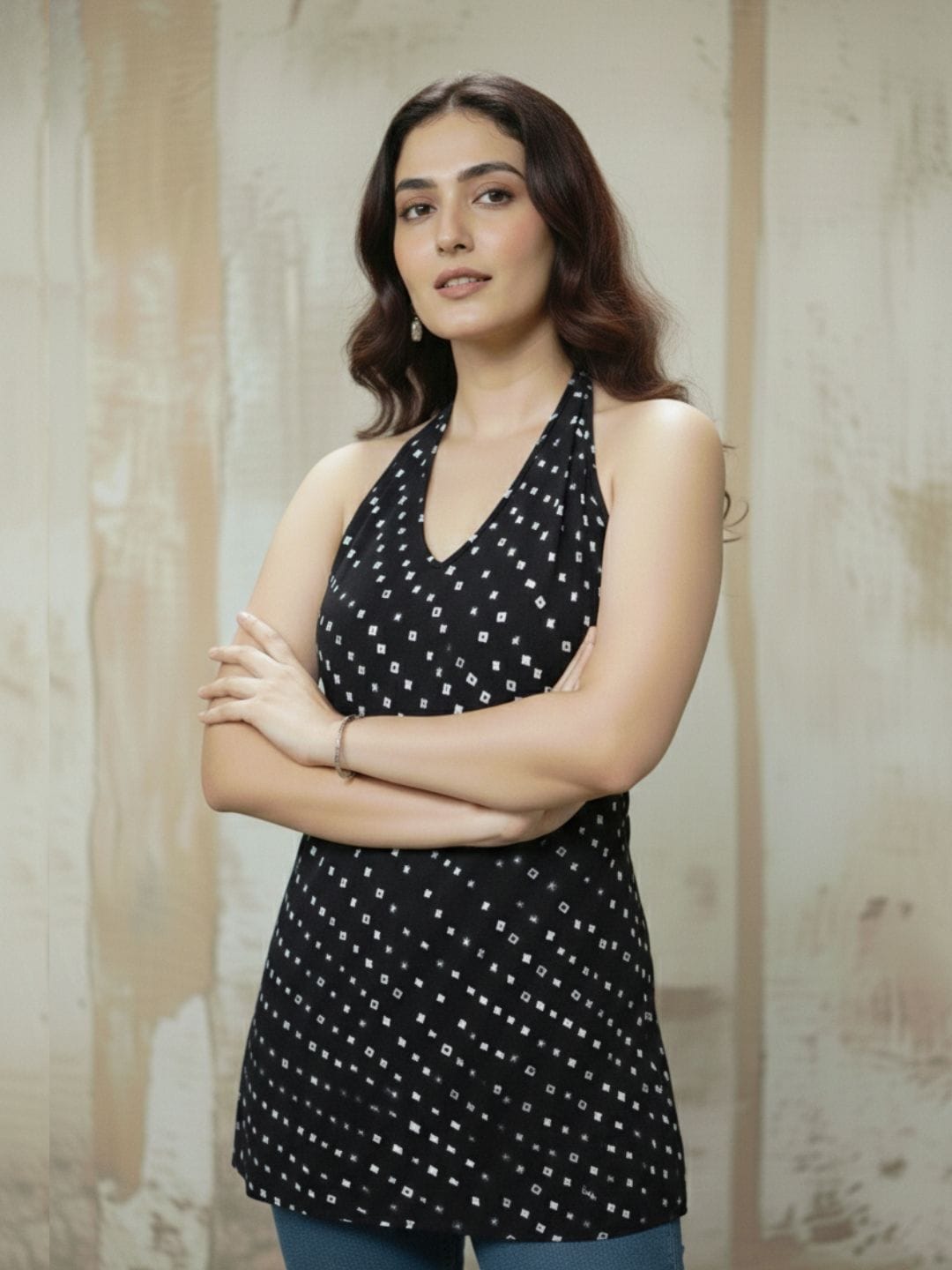V-Neck Bandhni Sleeveless Kurti