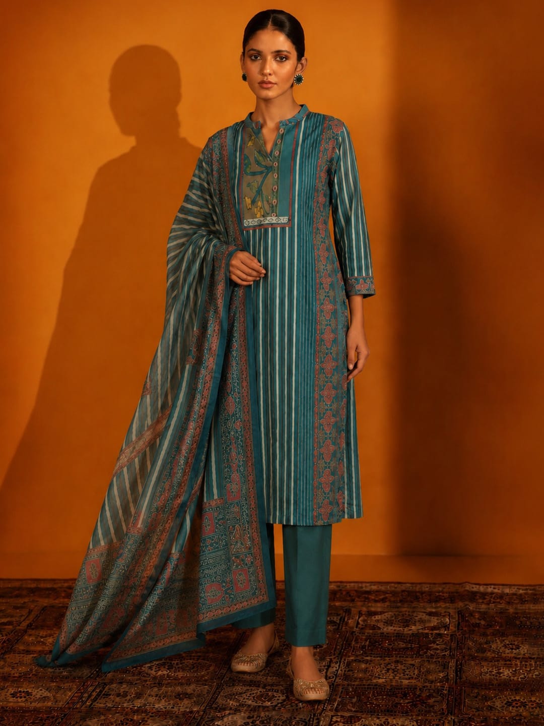 Chanderi Printed Kurta With Trouser And Dupatta