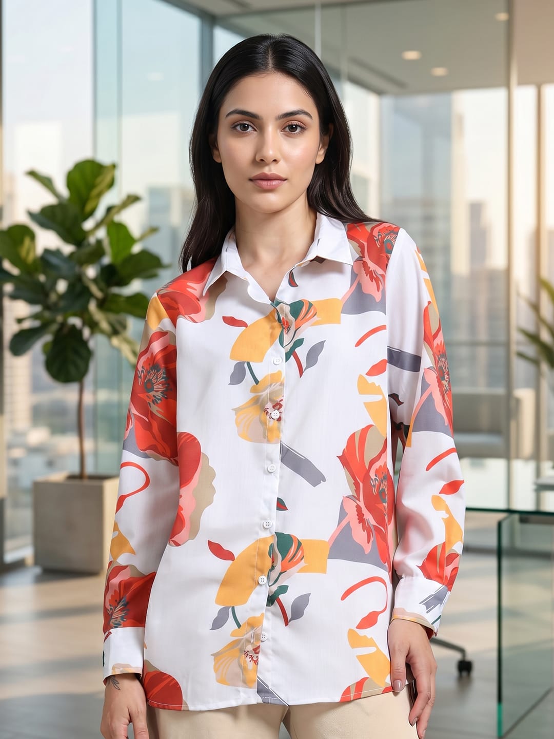 White Coloured Slim Collar Long Sleeves Floral Shirt