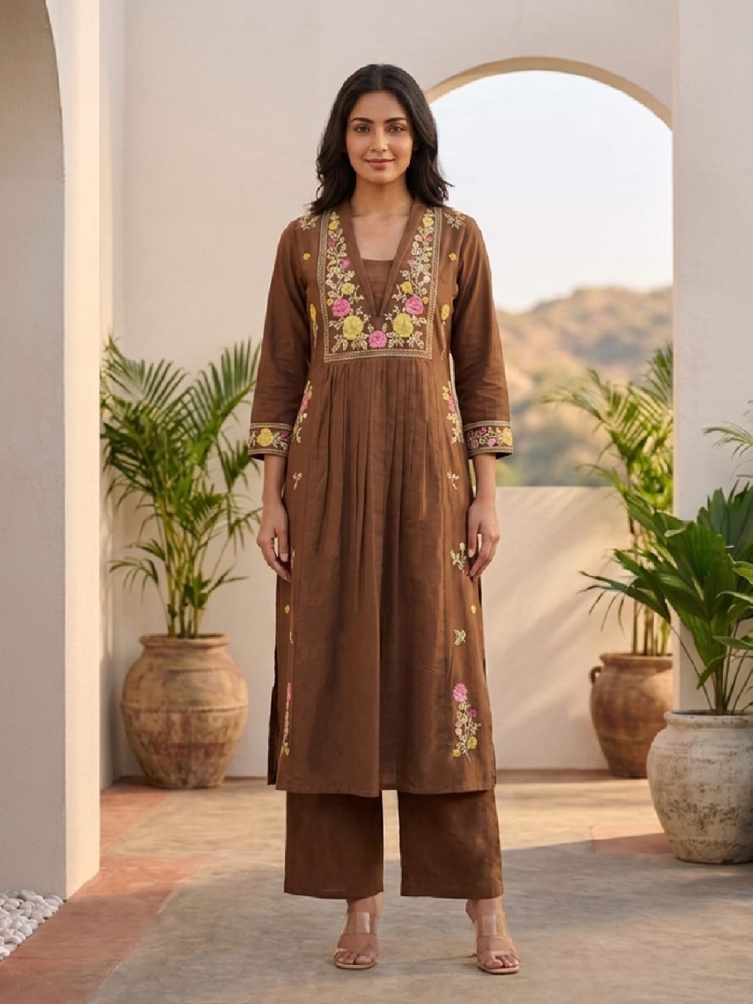 Floral Embroidered Brown Ethnic Kurta With Gathered Detailing
