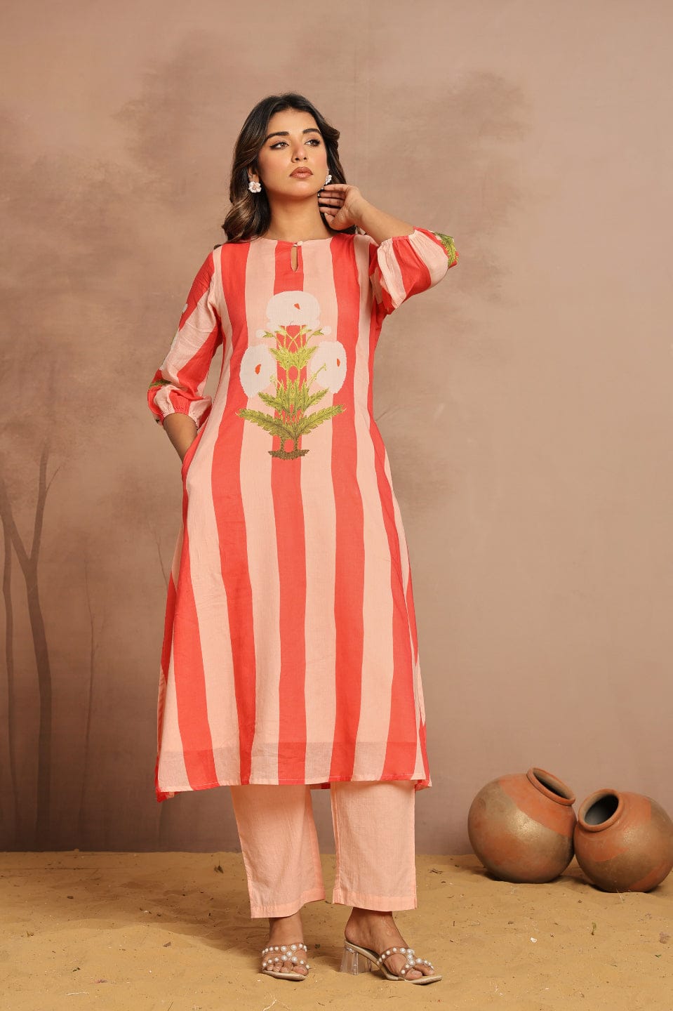 Peach & Red Botanical Kurta Set