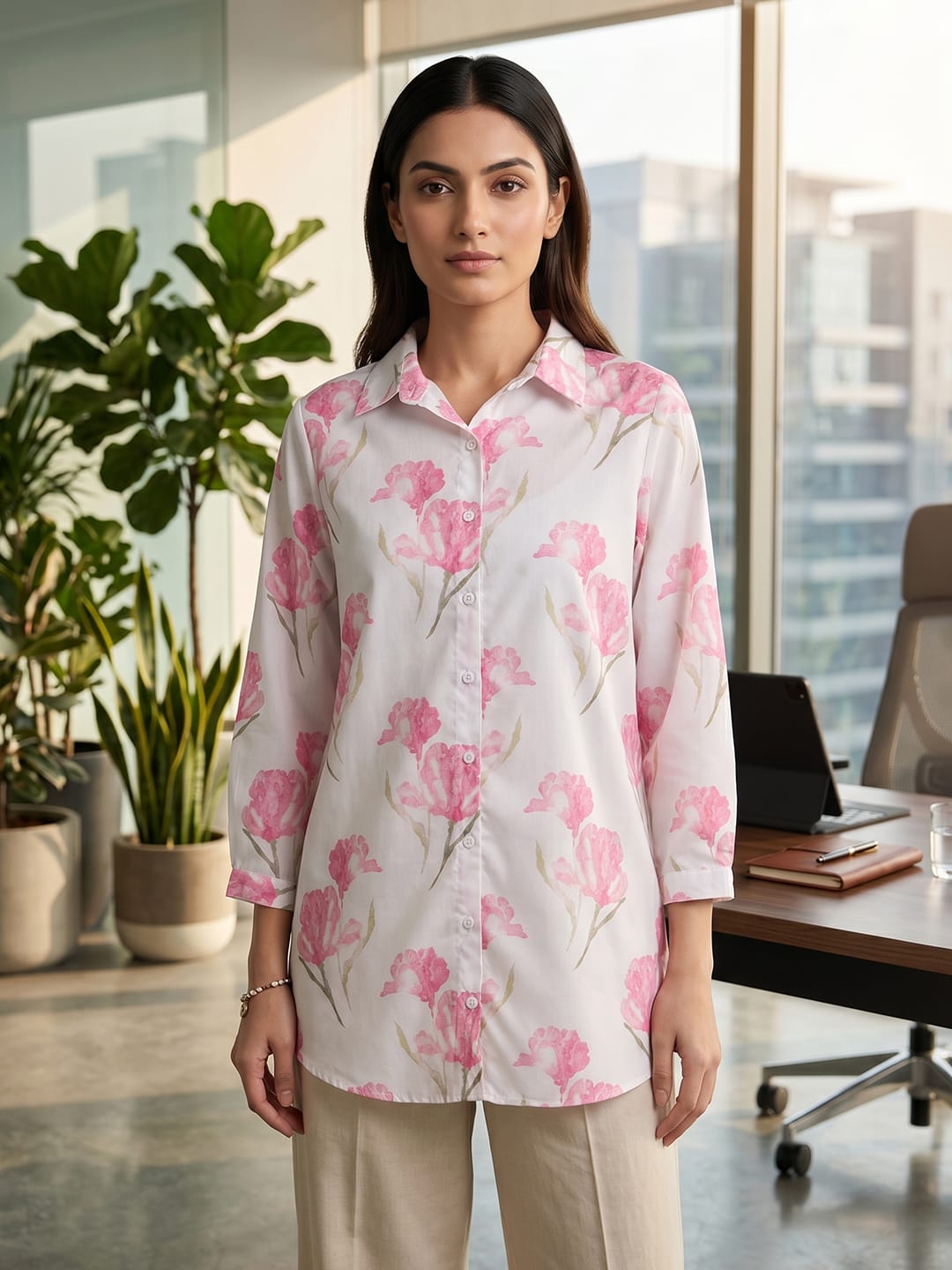 White Coloured Slim Collar Long Sleeves Floral Shirt