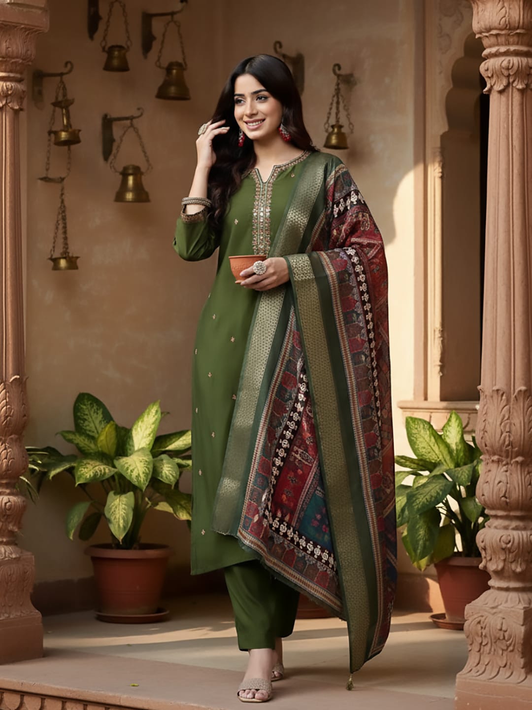 The Kurti Collection Women Olive Green Round Neck Placement Embroidered Kurta Paired With Tonal Bottom & Printed Dupatta
