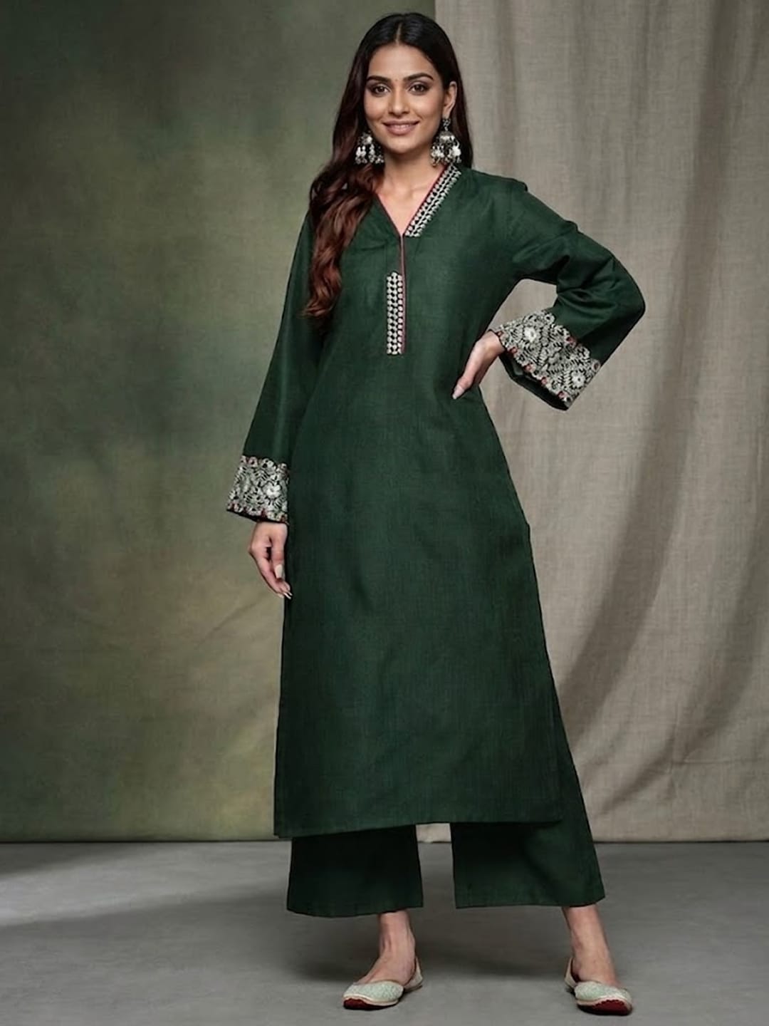 The Kurti Collection Women Green Embroidered Long & Flared Sleeves Kurta With Tonal Bottom