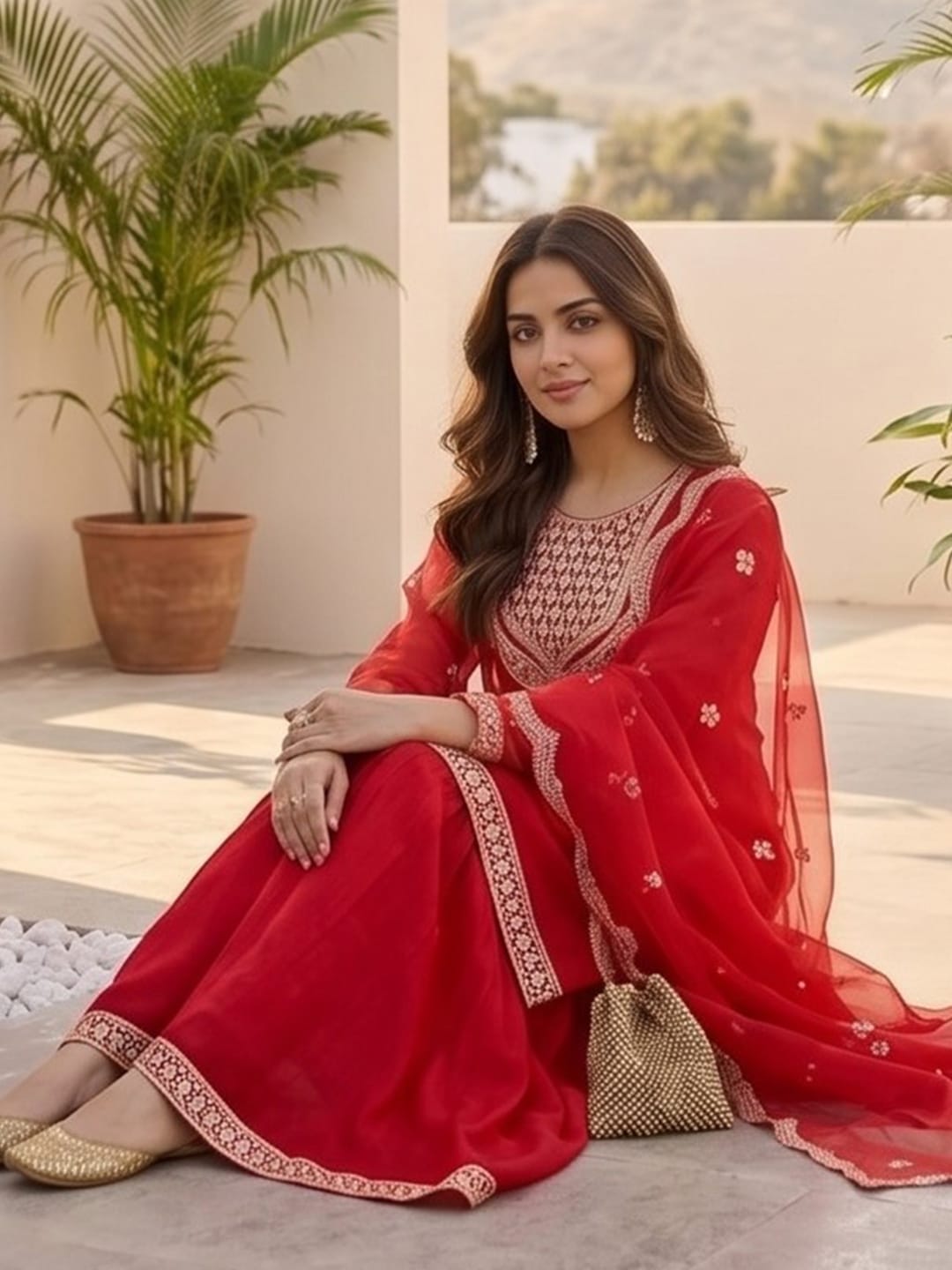 Zari Work Kurta With Sharara And Dupatta