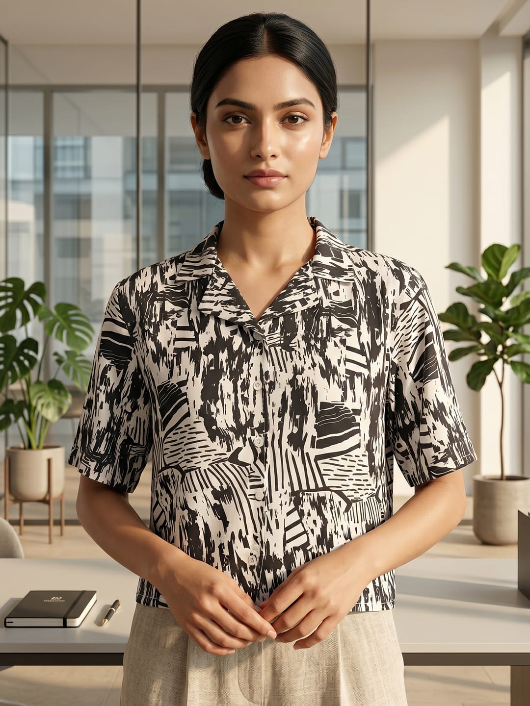 Black Coloured Short Sleeves Shirt Collar Top