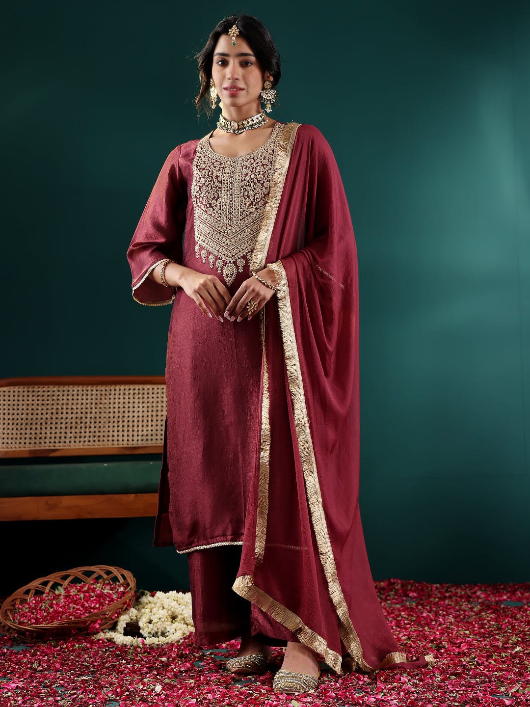 The Kurti Collection Women Burgundy Zari Embroidered Kurta With Bottom And Dupatta