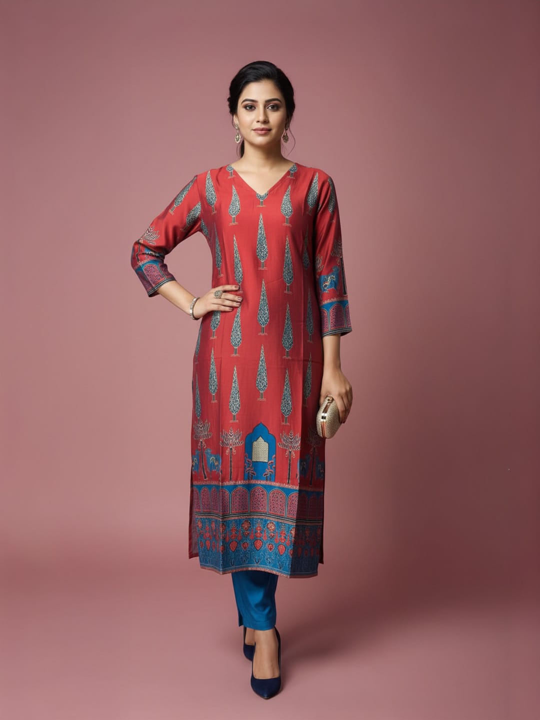 Midnight Rust V-Neck Kurta with Traditional Buta Print