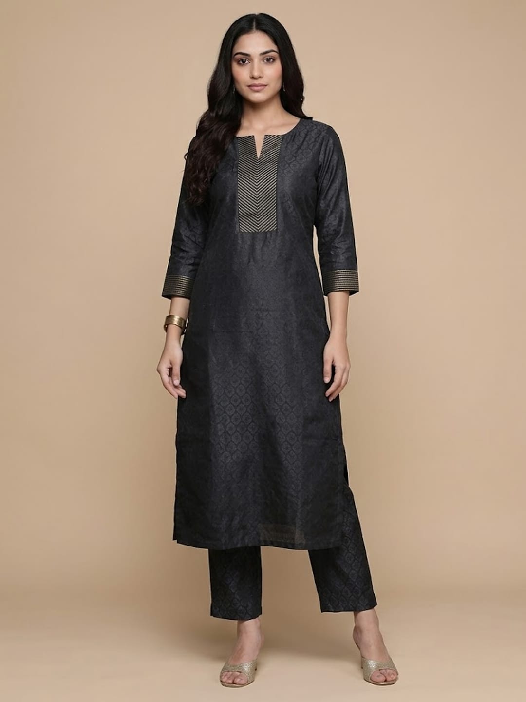 The Kurti Collection Women Navy Blue Woven Zari Embroidered Straight Kurta With Bottom And Dupatta