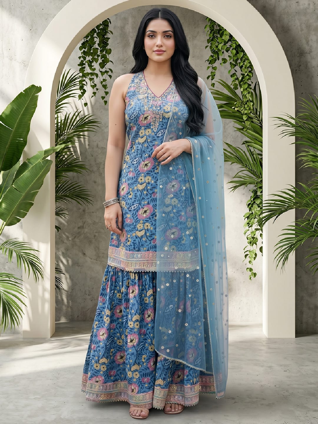 Azure Blue All-Over Floral Print Kurta Set With Dupatta