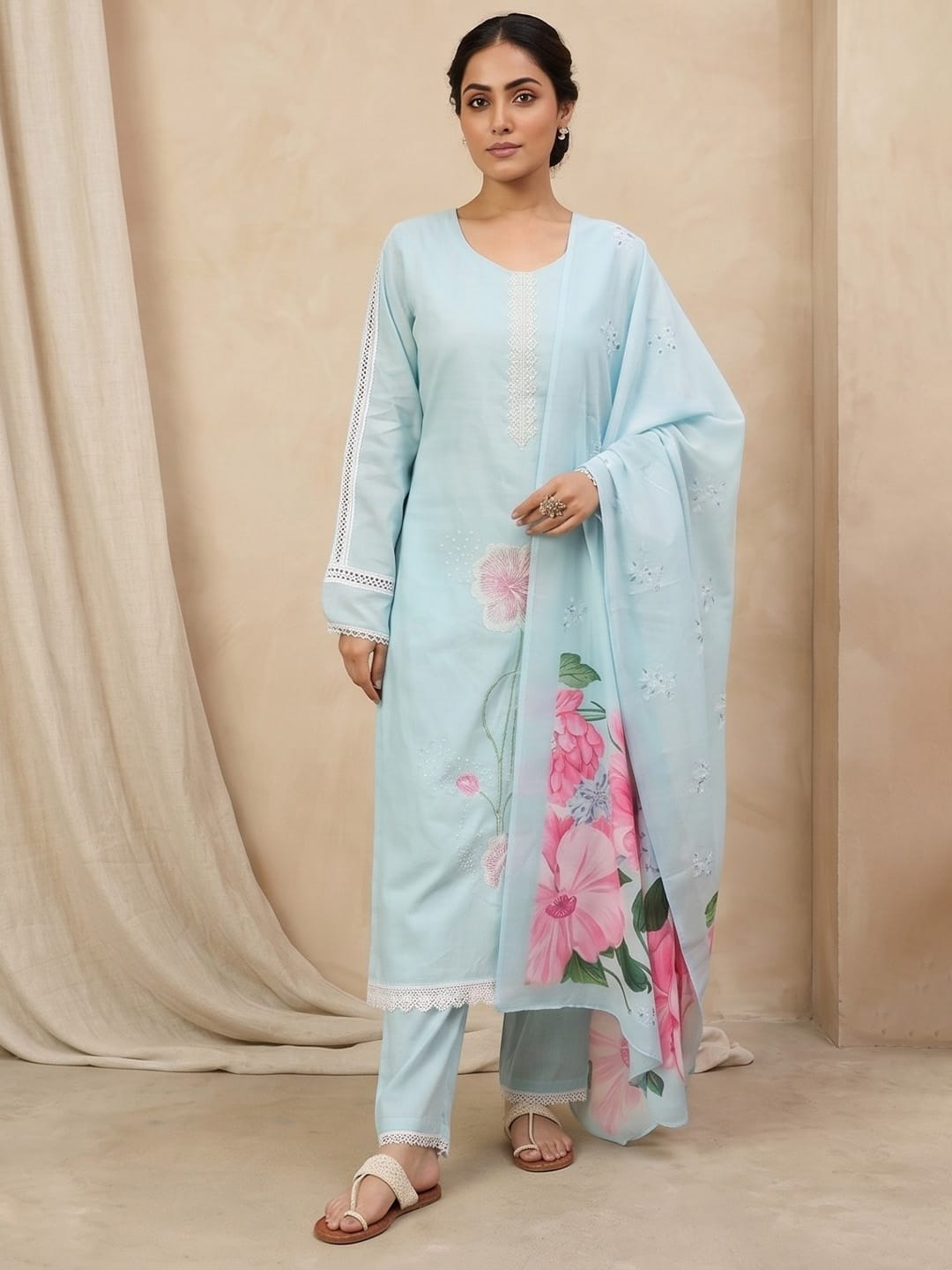 The Kurti Collection Women Sky Blue Straight-Fit Kurta With Printed Dupatta