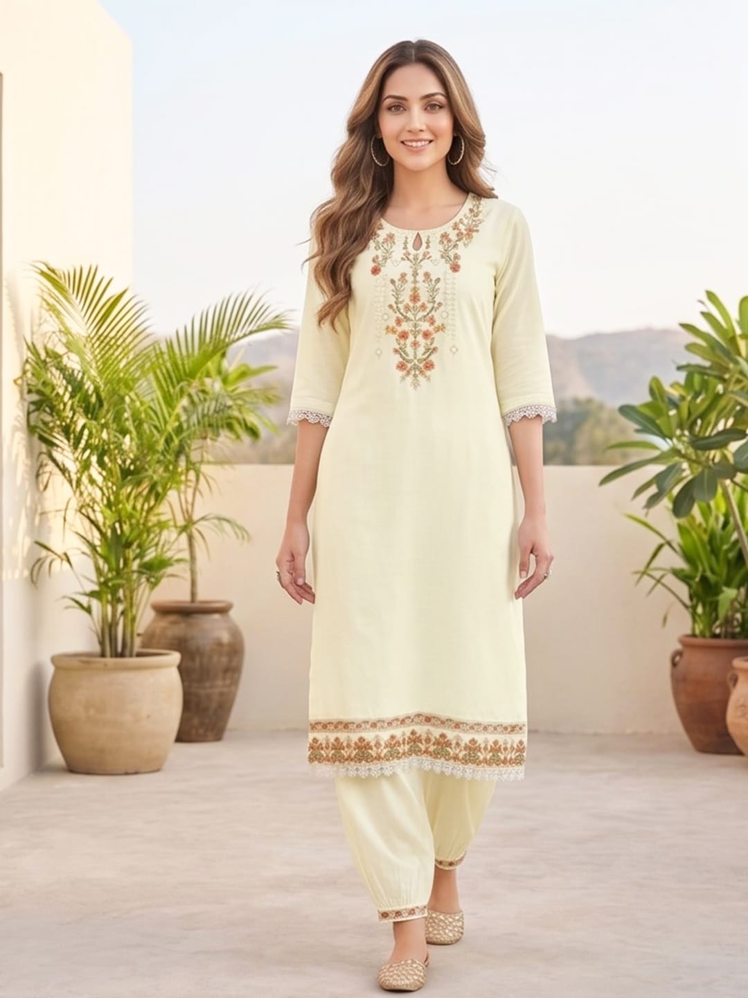 The Kurti Collection Women Floral Motif Thread Embroidered Yoke Kurta with Trouser & Dupatta