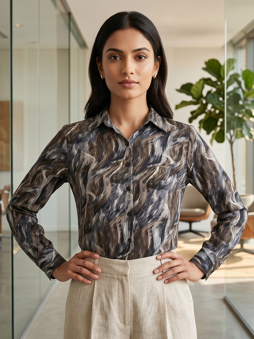 Brown Coloured Slim Collar Long Sleeves Abstract Shirt