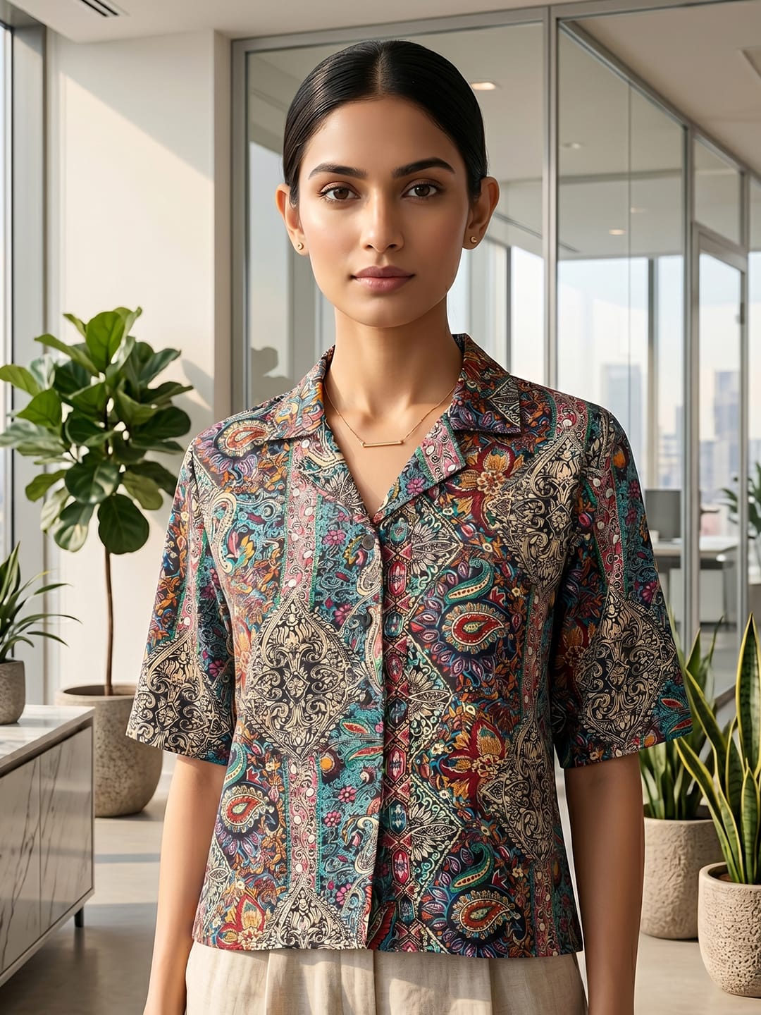 Multi Coloured Short Sleeves Shirt Collar Top