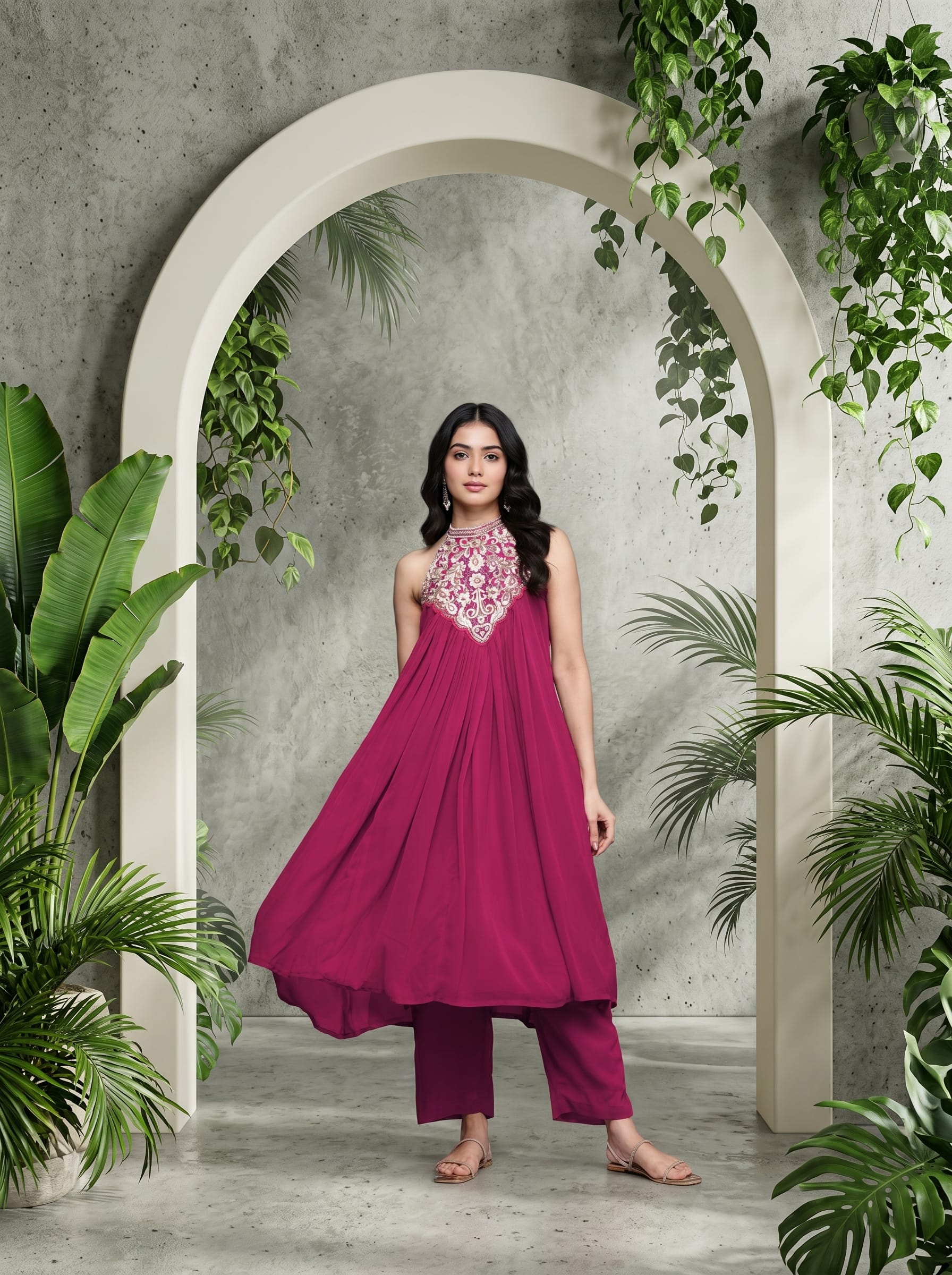 The Kurti Collection Women Fushcia Embroidered Sleeveless Flared Kurta Paired With Tonal Bottom