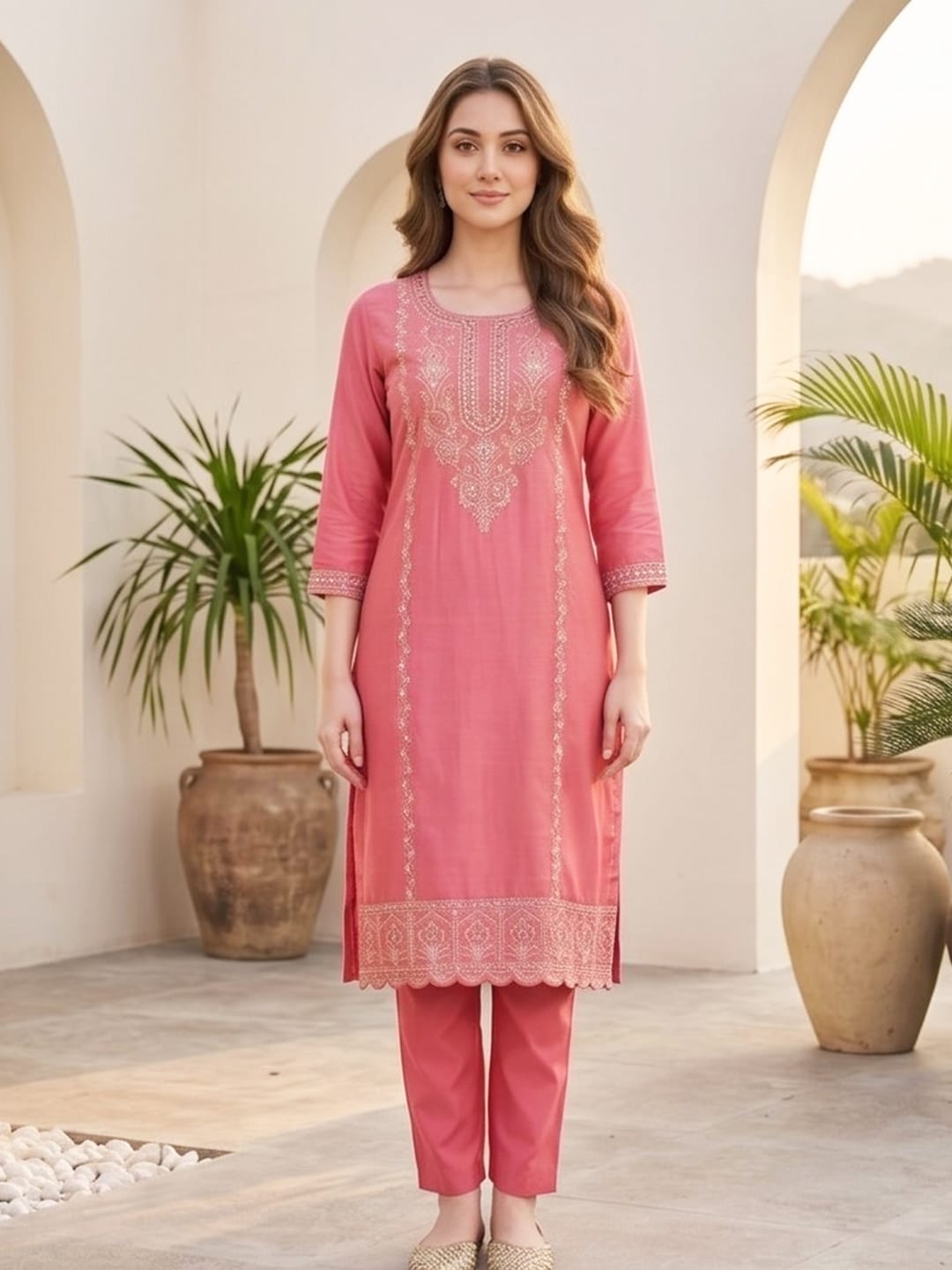 Zari embroidered kurta with trousers & sequins detailed contrast dupatta