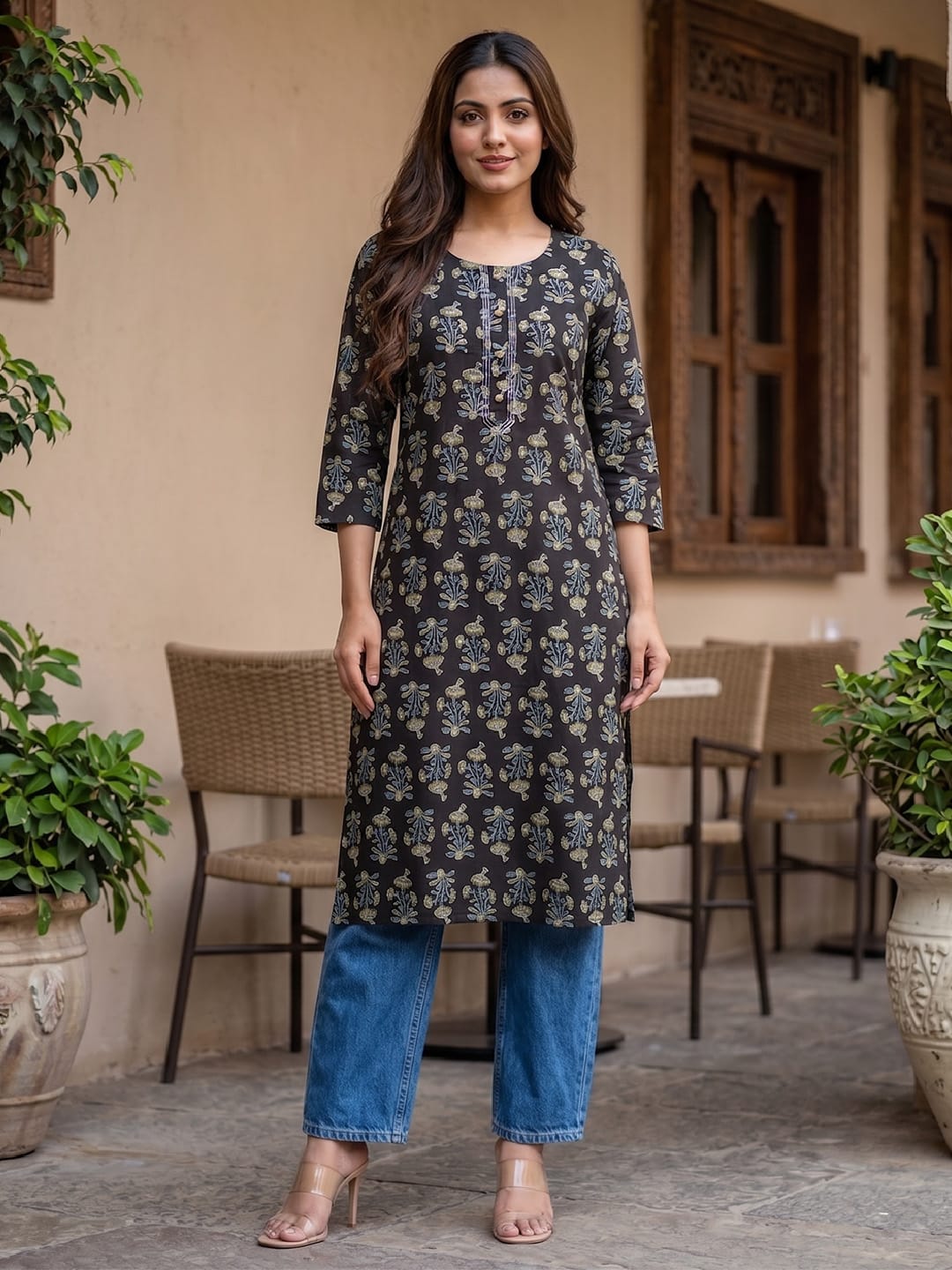 Women's Black Straight Printed Kurta