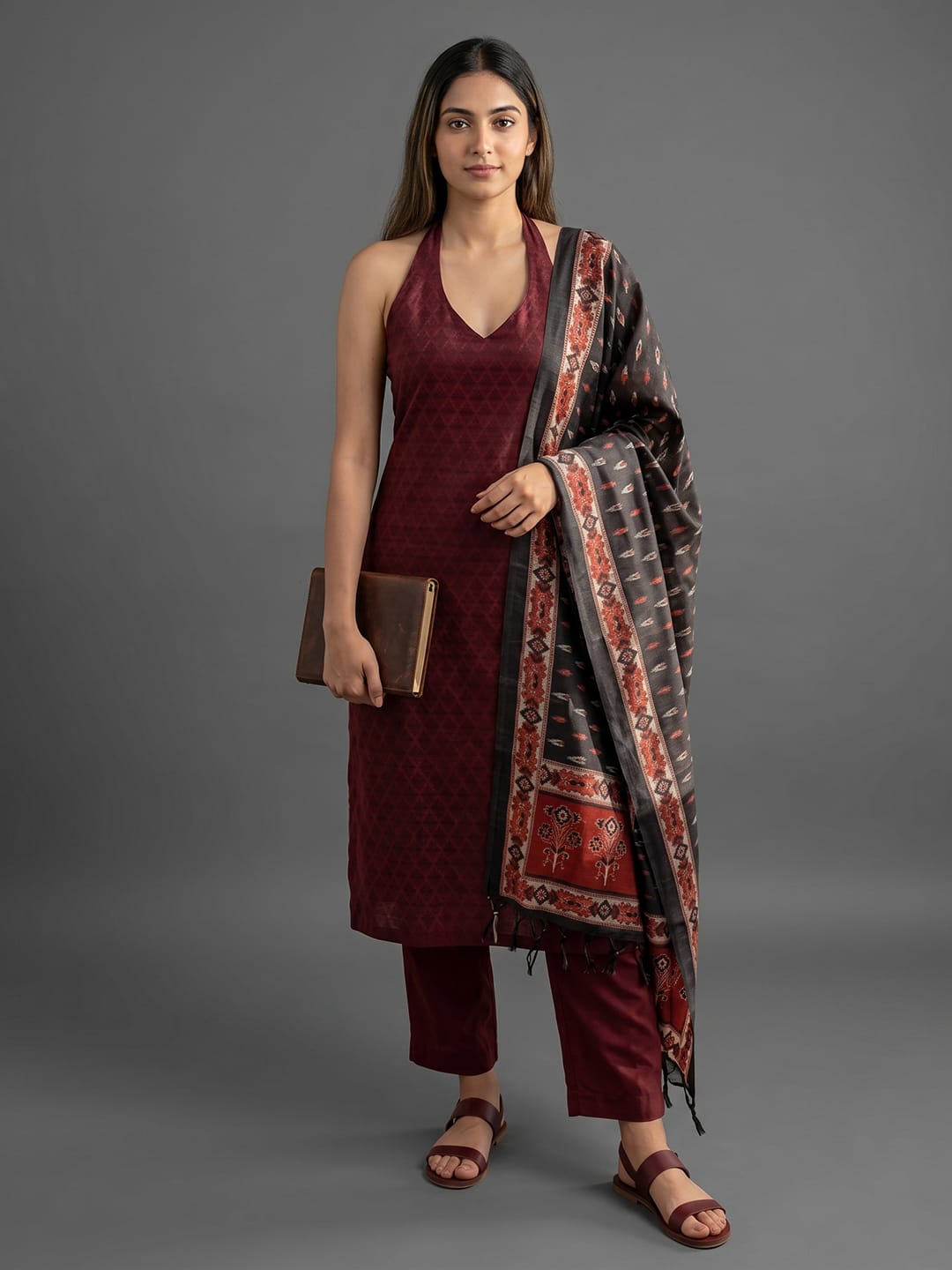 Women Maroon Woven Zari Embroidered Straight Kurta With Bottom And Dupatta
