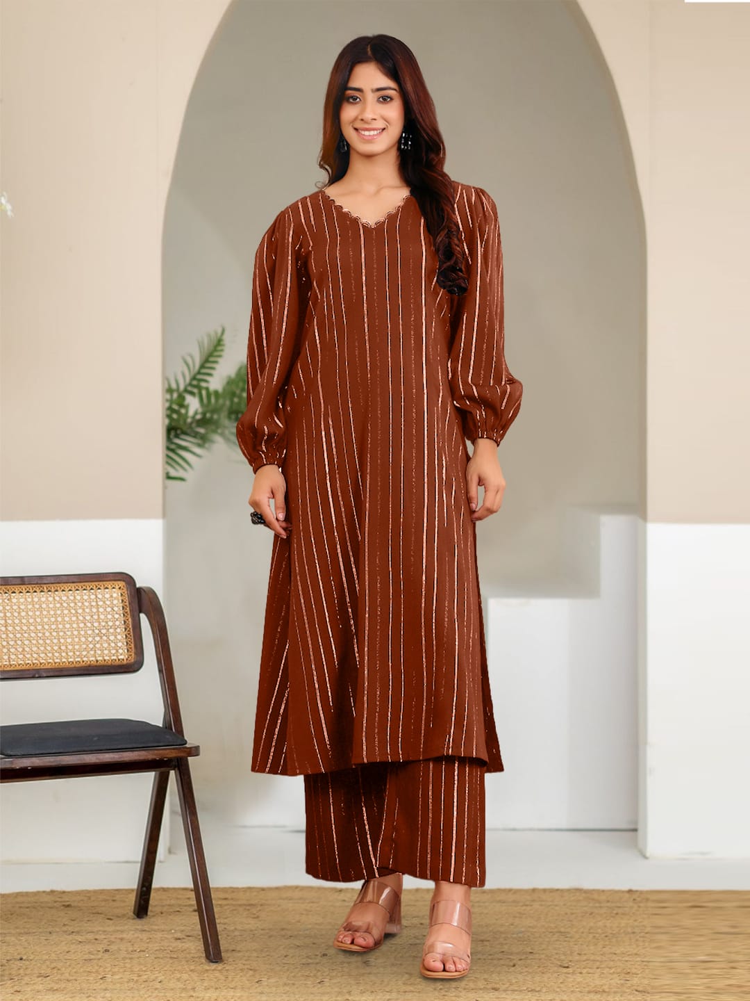 The Kurti Collection Women Brown Lurex A- Line Kurta With Trousers