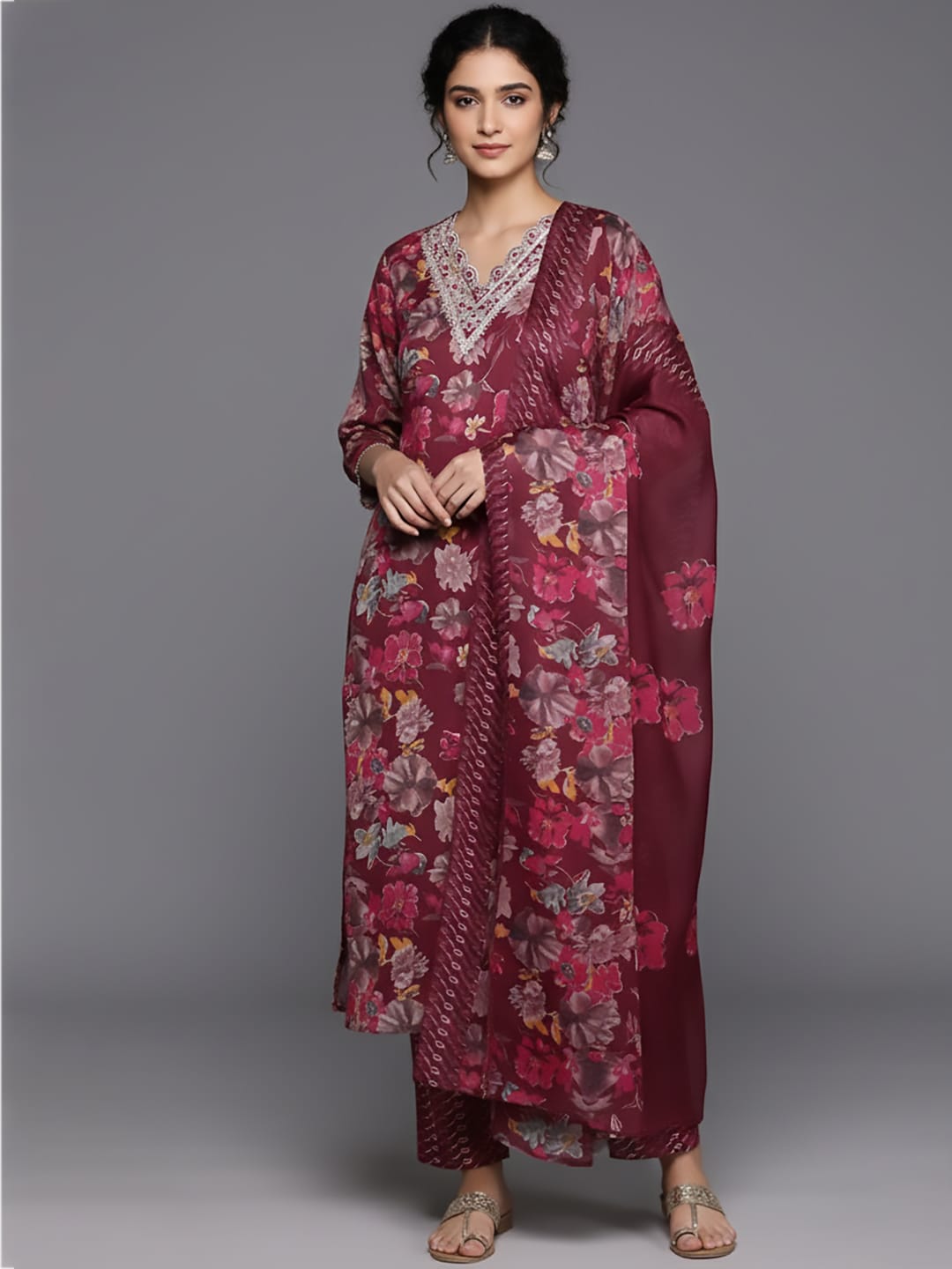The Kurti Collection Women Maroon Floral Printed Embroidered Kurta Paired With Bottom And Dupatta