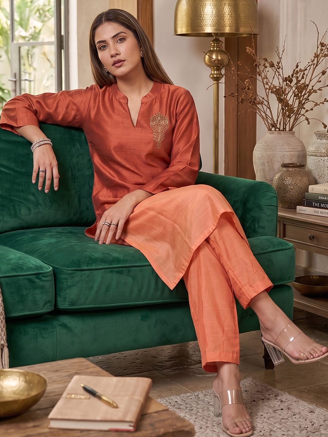 The Kurti Collection Women Mandarin Collar Placement Embroidered Kurta Paired With Tonal Bottom