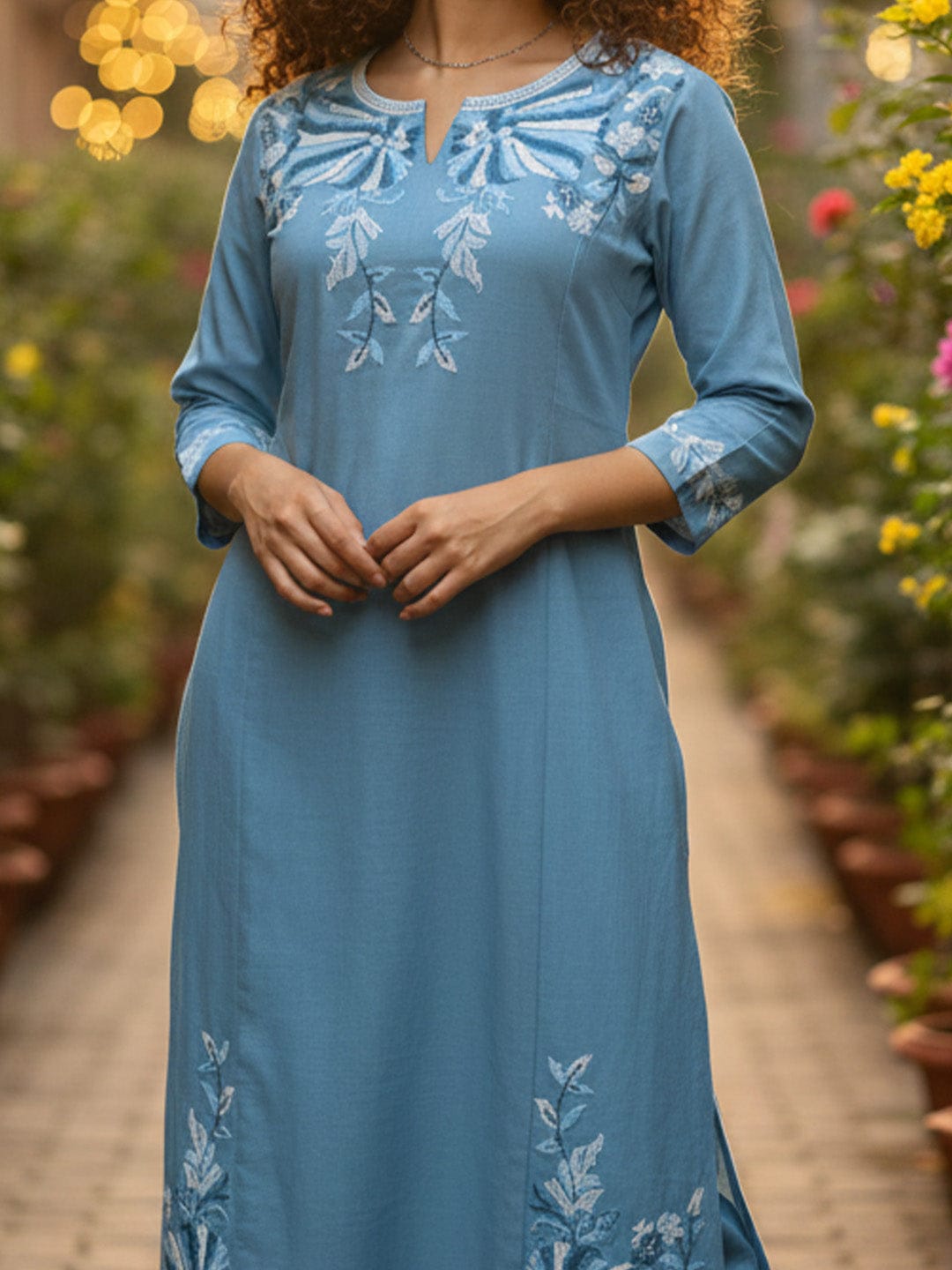 varanga women's ethnic solid skyblue round neck with v notch A line kurta with elegant emb. and 3/4 sleeves.