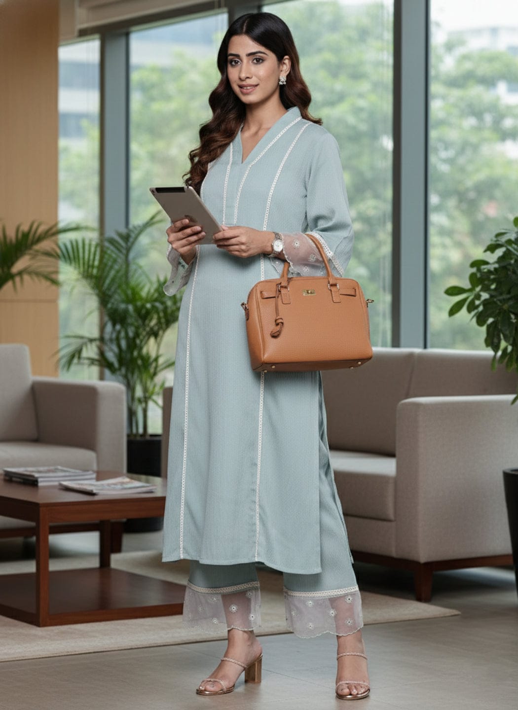 The Kurti Collection Women Sea Green Organza And Lace Detailed Kurta Set