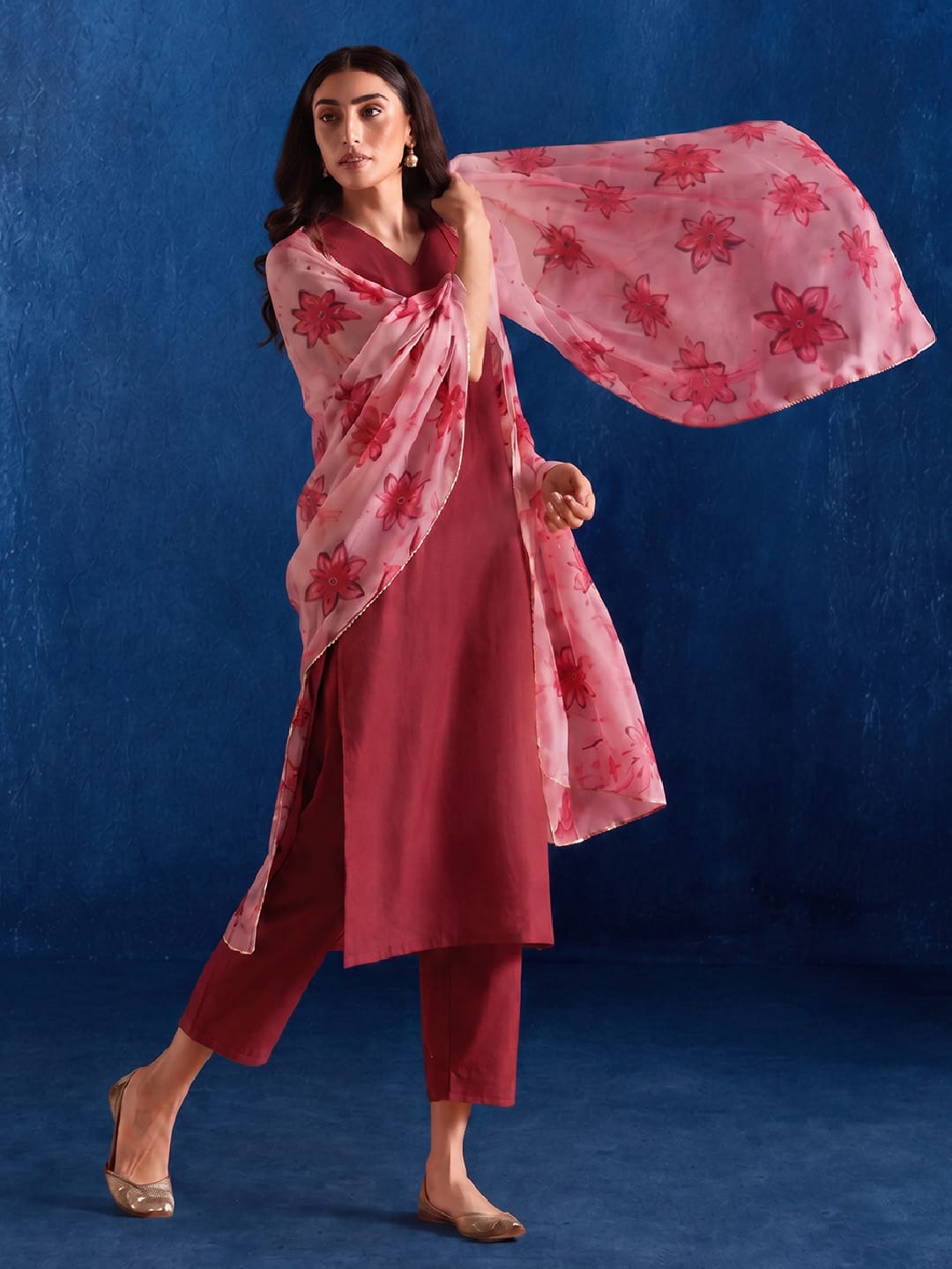 The Crimson Wine Floral Organza Women's Kurta Set