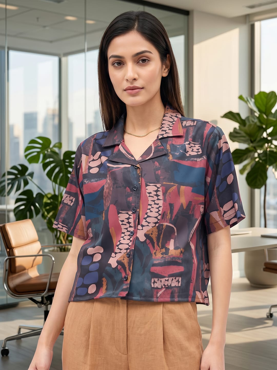 Brown Coloured Short Sleeves Shirt Collar Top