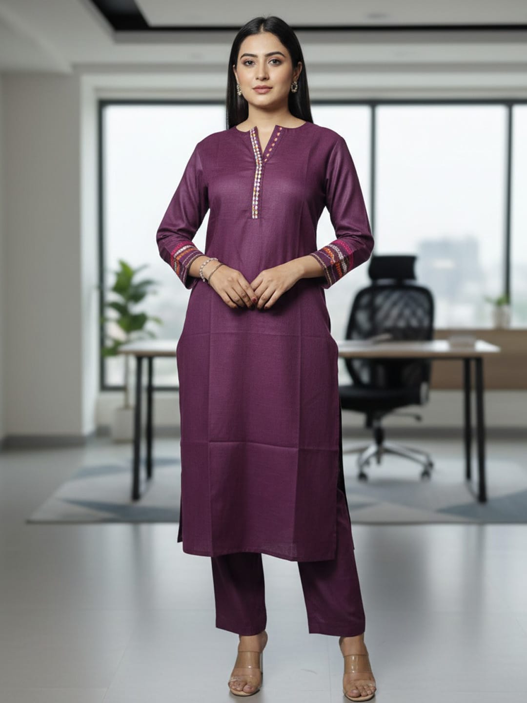 The Kurti Collection Women Mandarin Collar Thread Embroidered With Pleate Deatialing Kurta Paired With Bottom