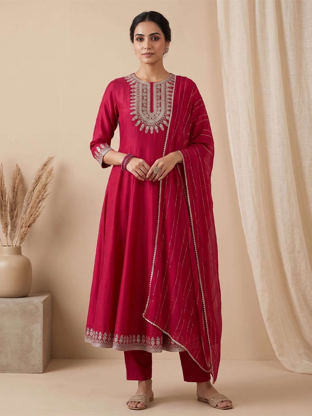 3-Piece Anarkali Set Vichitra Fabric With Zari Embroidery