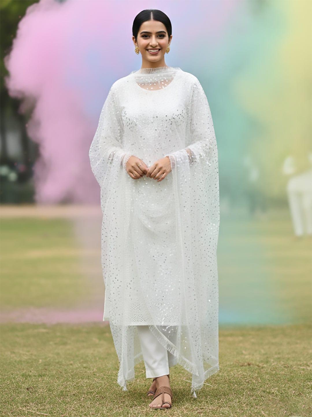 Elegant net dupatta featuring sequence detailing for a stylish and feminine finish.