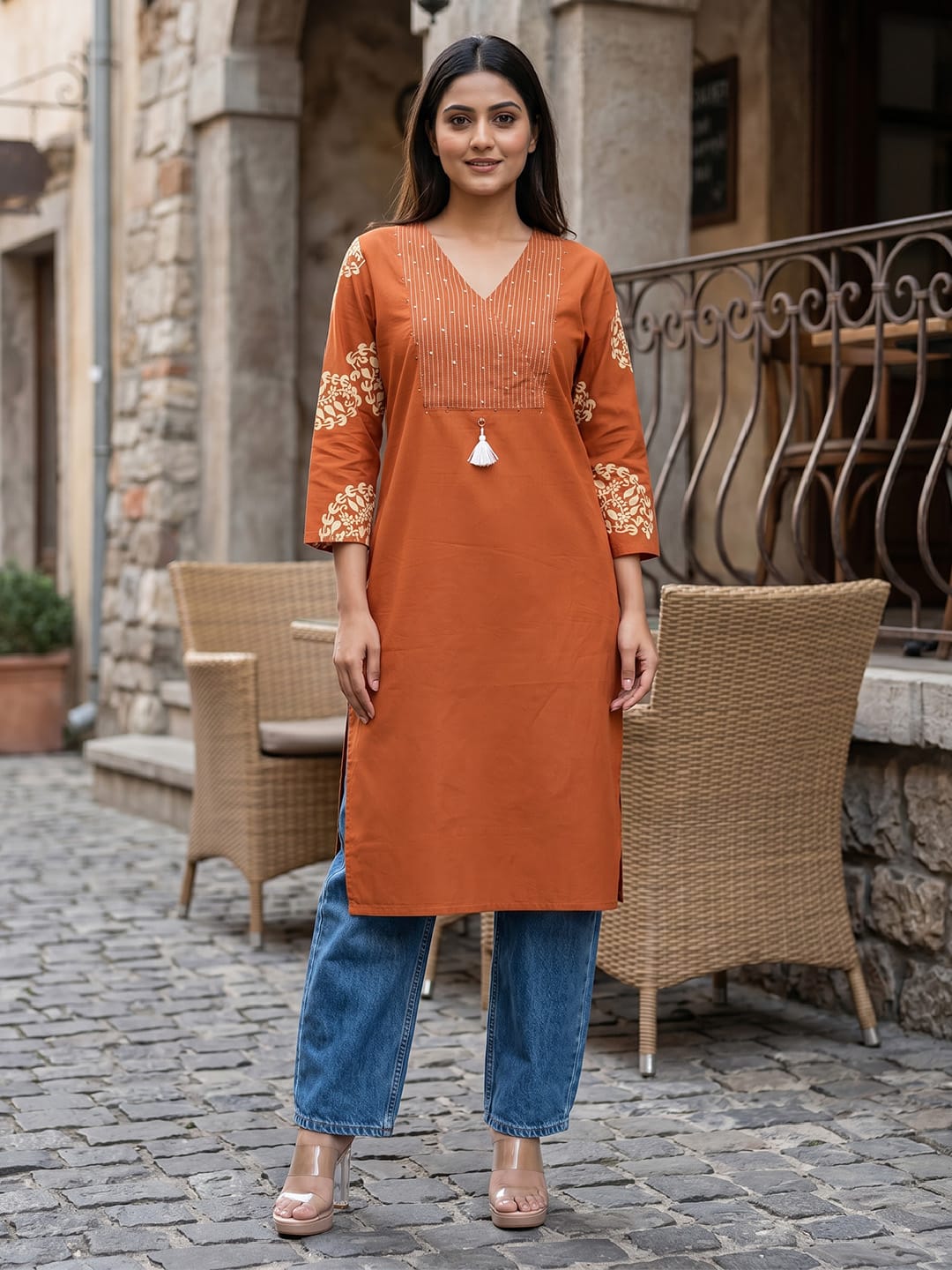 Rust Straight Kurta with Embroidered Yoke