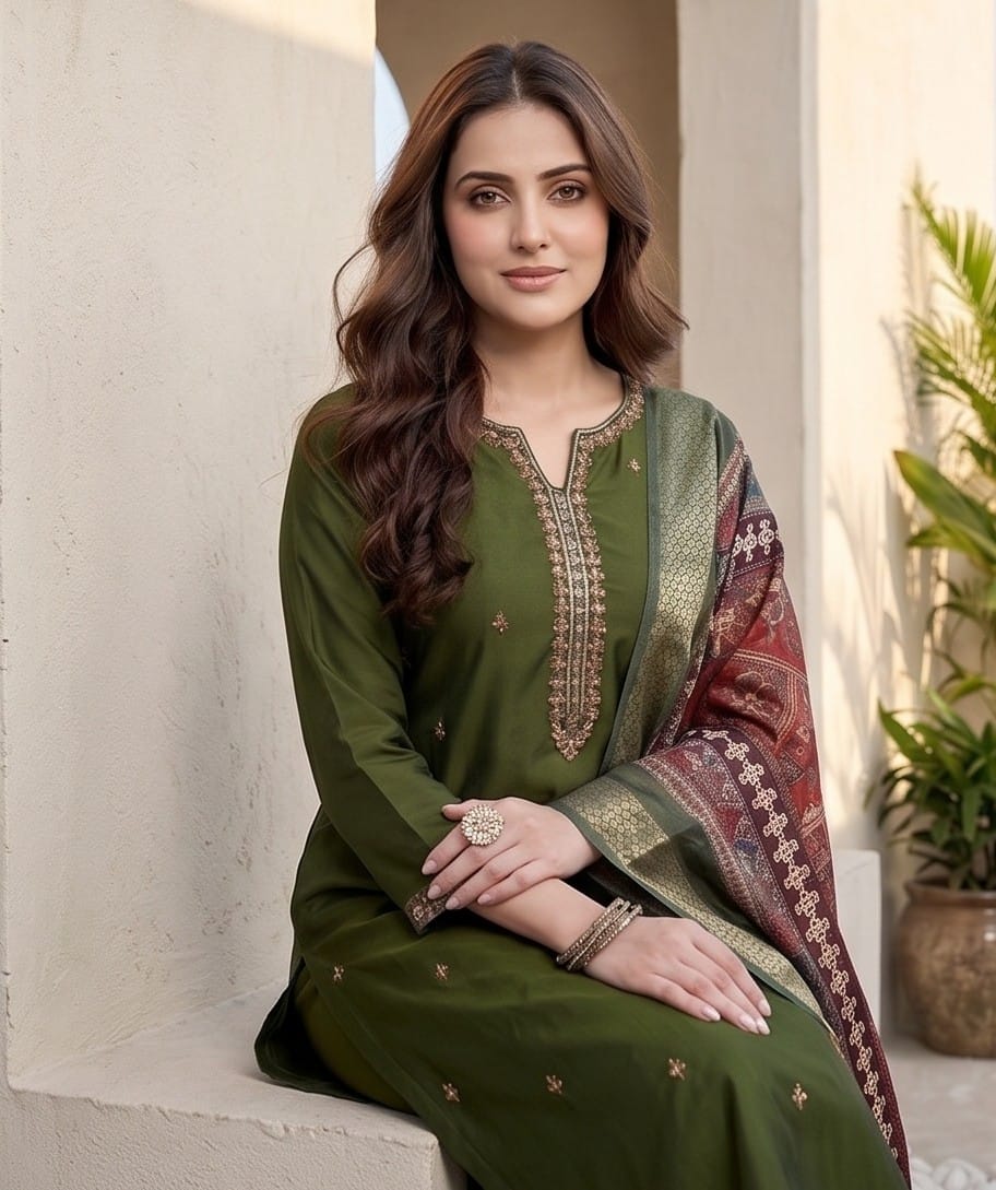 The Kurti Collection Women Olive Green Round Neck Kurta With Tonal Bottom & Printed Dupatta