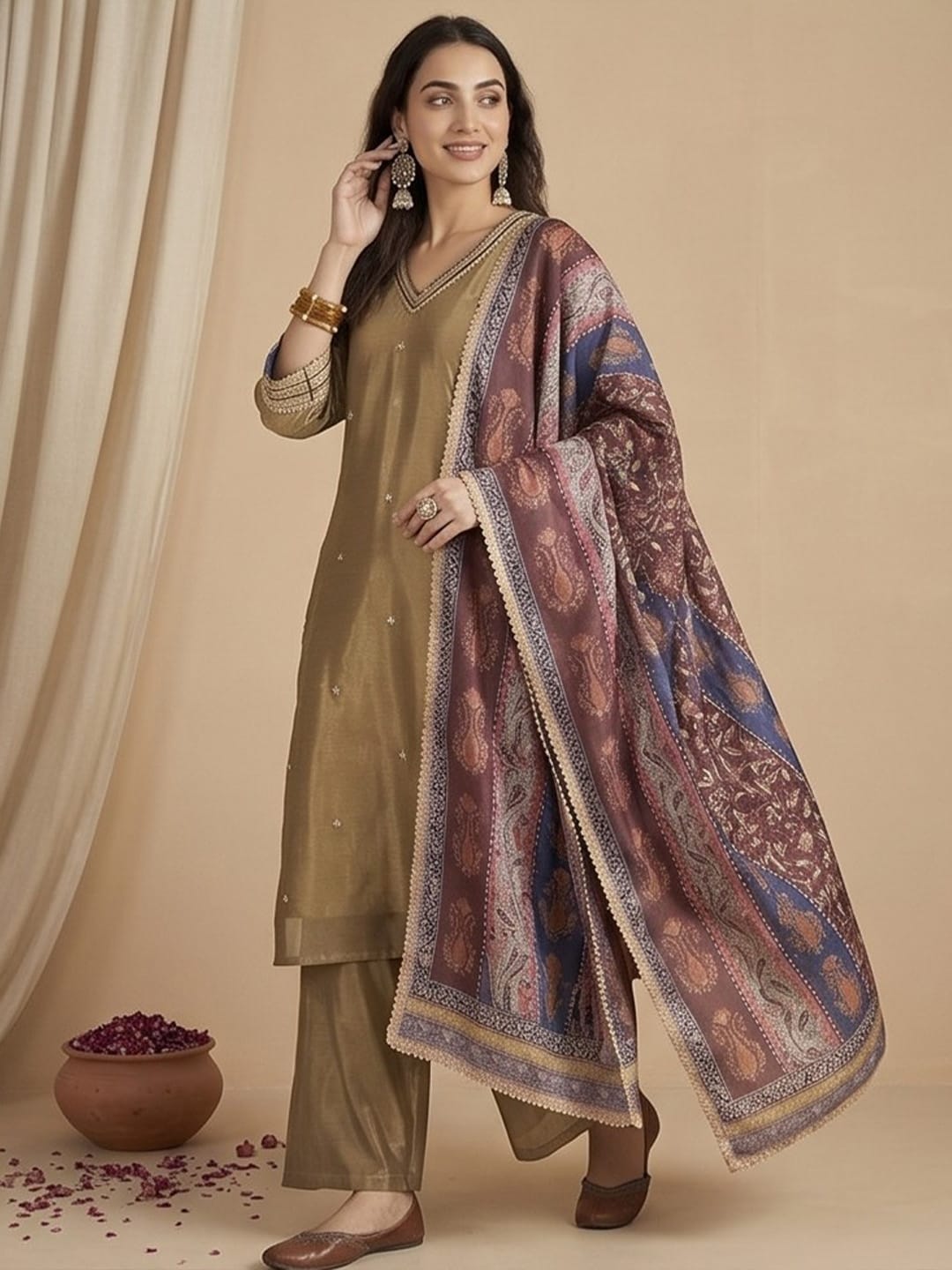 The Kurti Collection Women Kurta Set With Intricate Lace Detailing And Solid Ankle-Length Trousers, And Printed Dupatta.