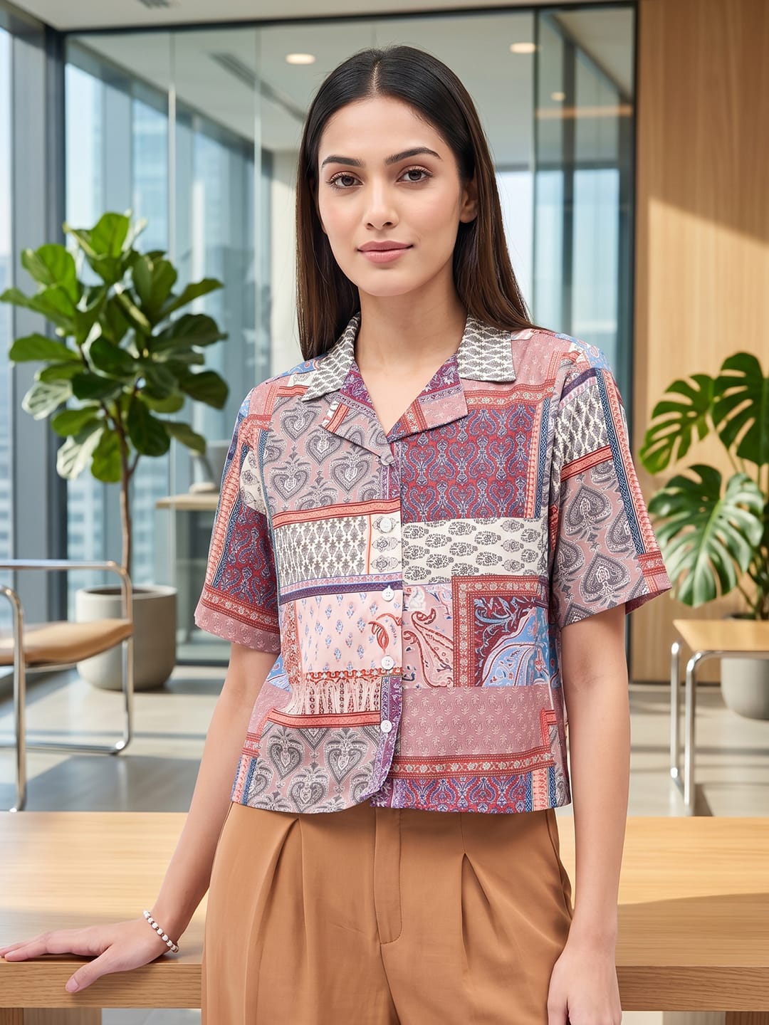Multi Coloured Short Sleeves Shirt Collar Top