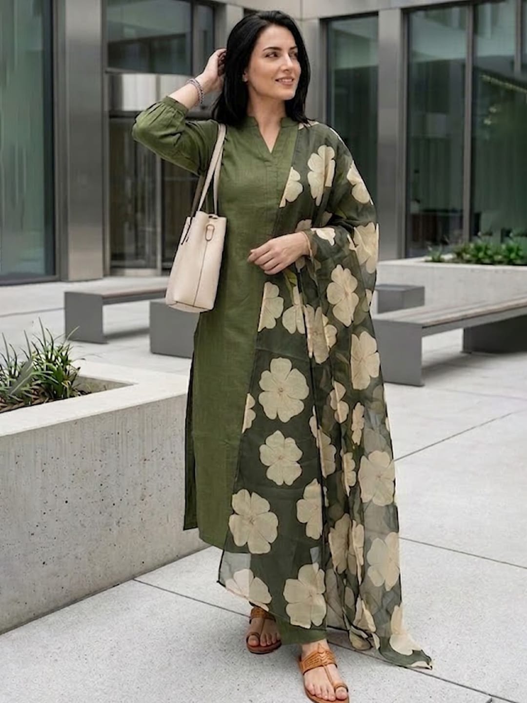 Women Olive Green Solid Kurta with Printed Organza Dupatta