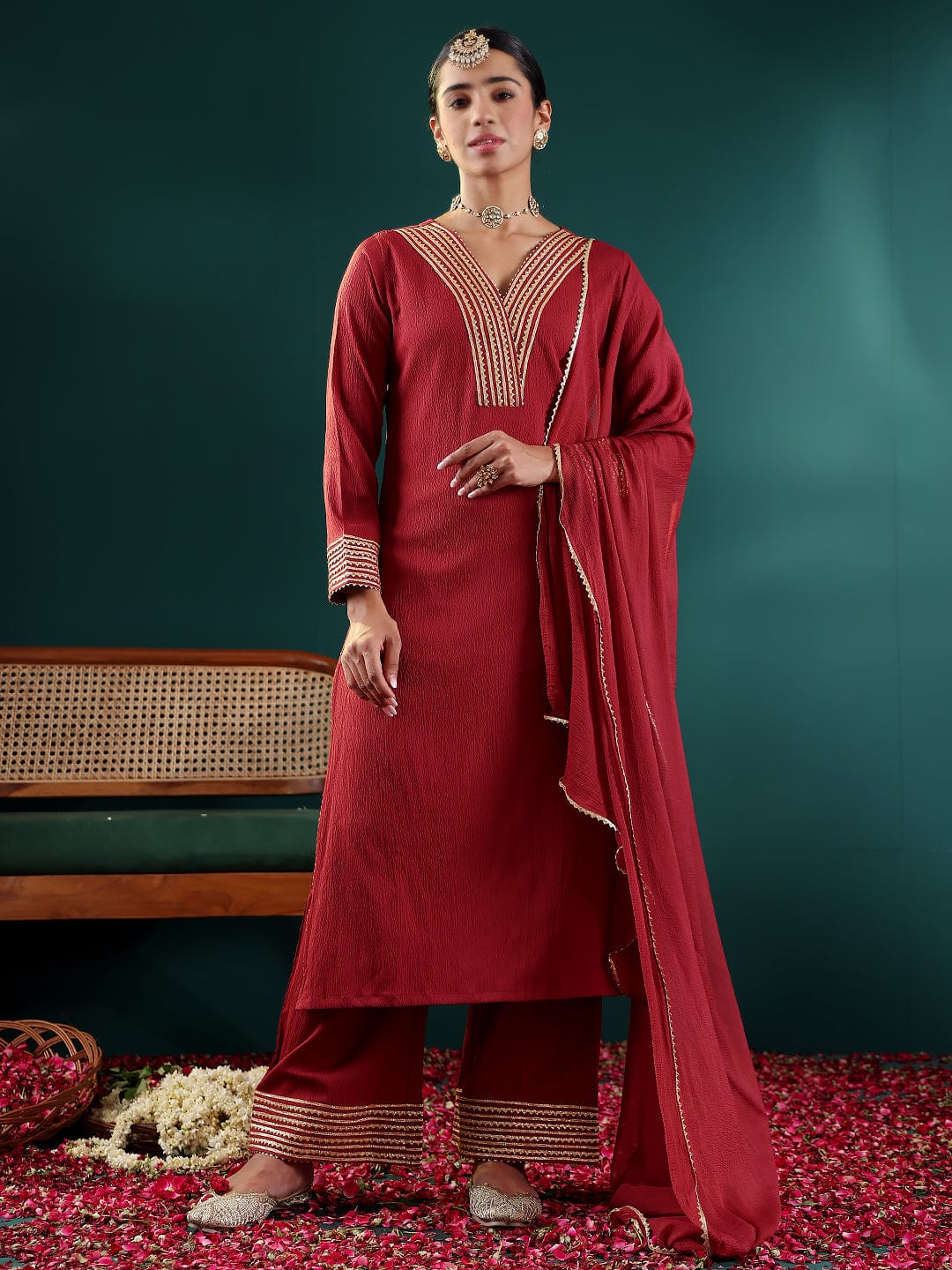 The Kurti Collection Women Maroon Gota Embellished Kurta With Bottom And Dupatta