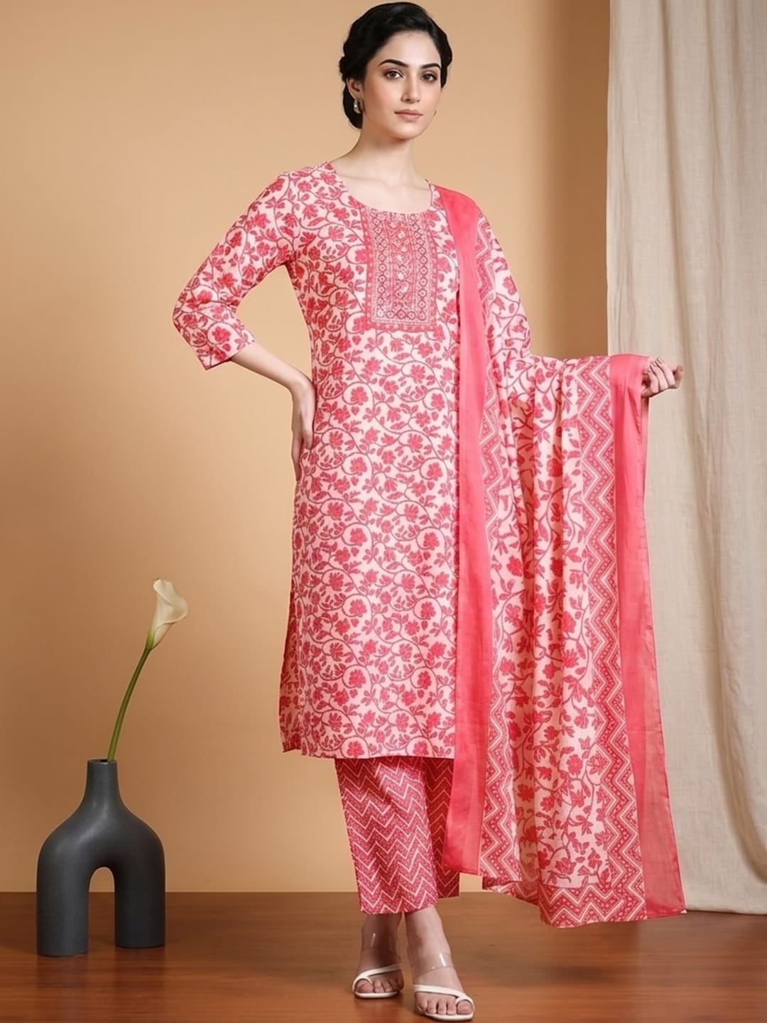 The Kurti Collection Women Ethnic Coral Kurta Set With Dupatta