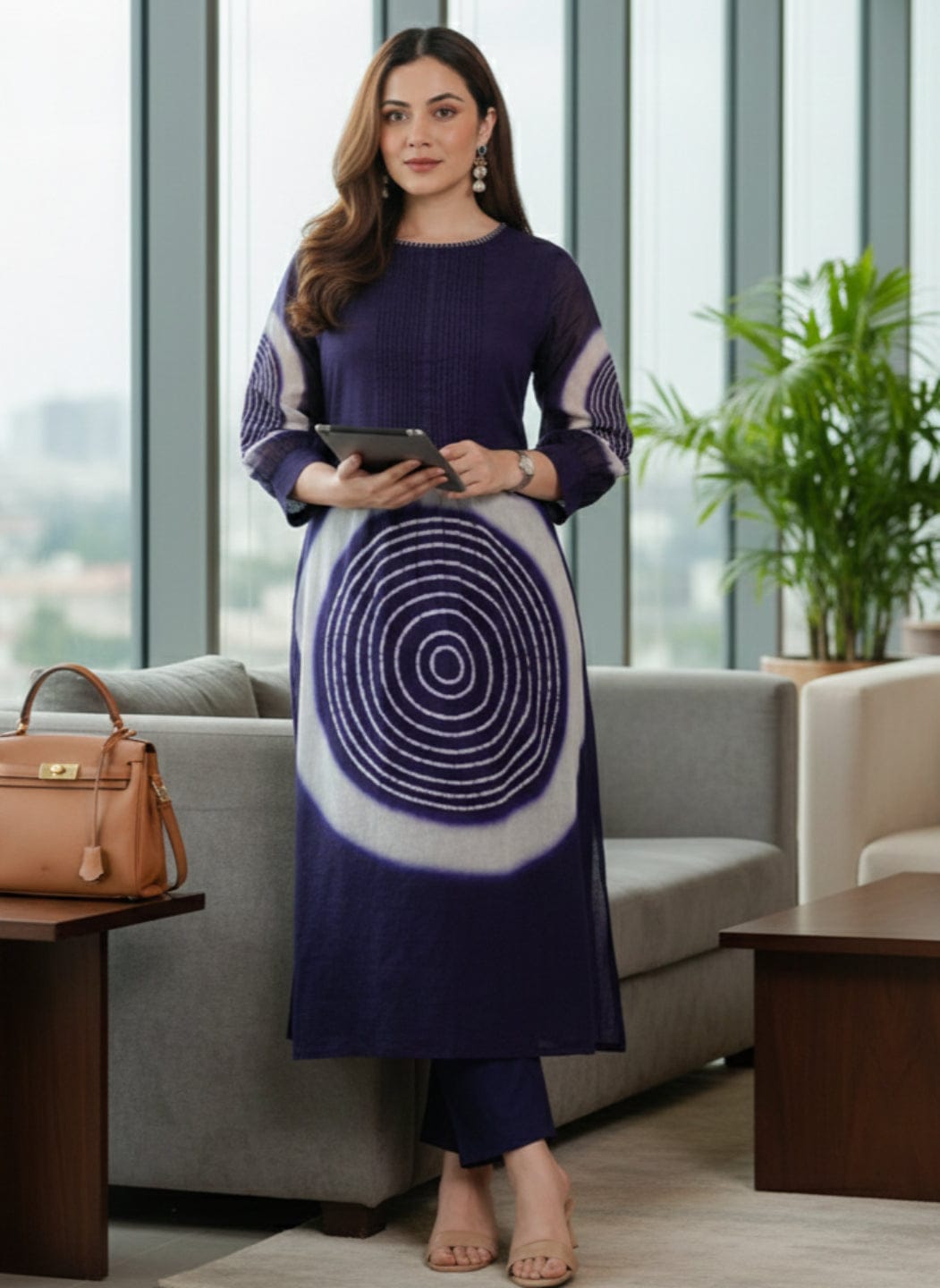 Navy Blue and White Printed Casual Kurti and Pant Set